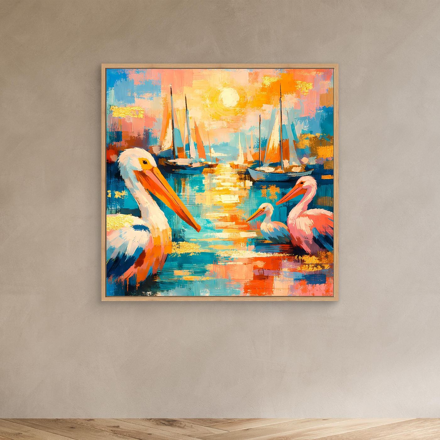 Leinwandbild mit bunten Pelikanen am Hafen und Segelbooten, im weißen Rahmen