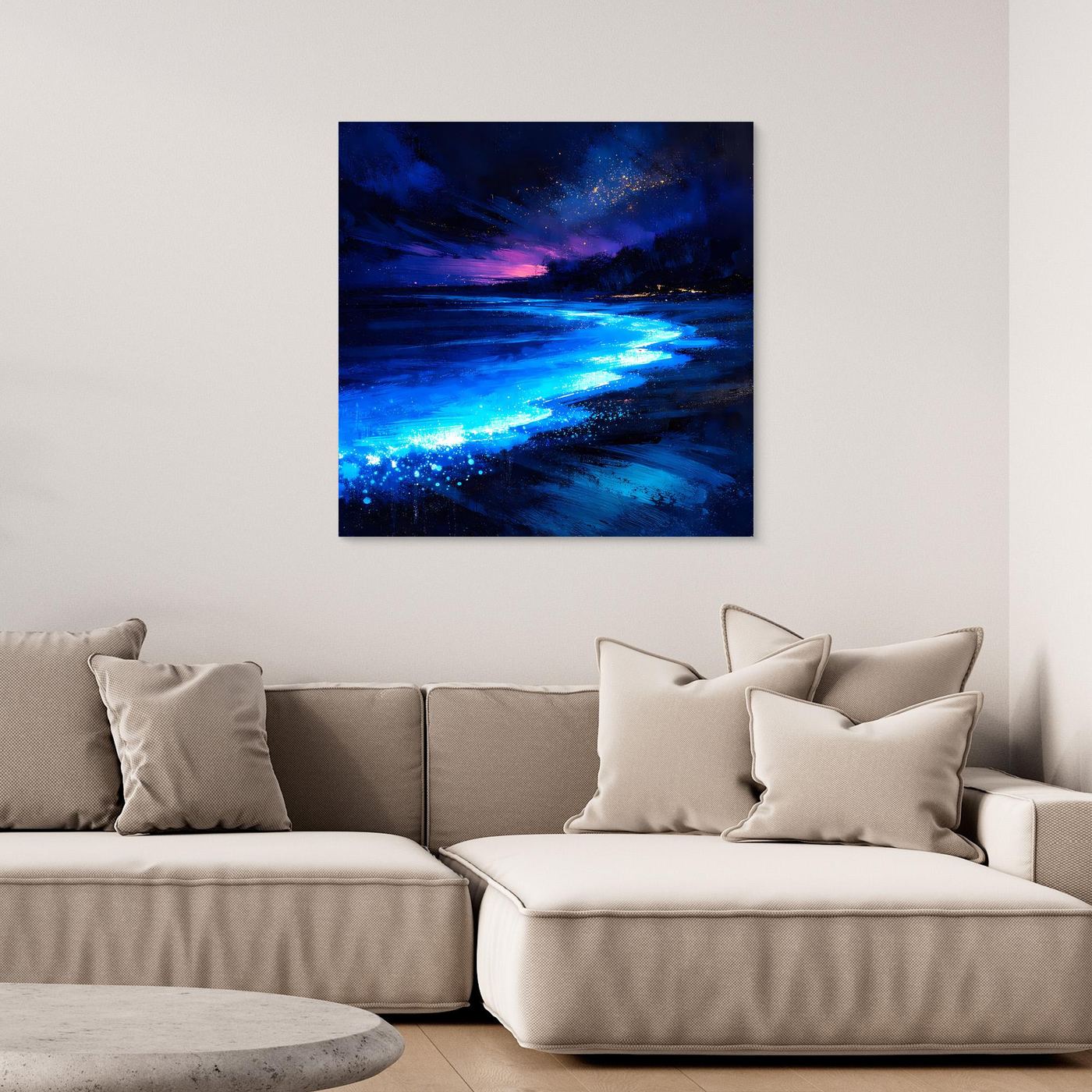 Leinwand Biolumineszierender Strand bei Nacht | Magische Wandkunst auf echter Leinwand