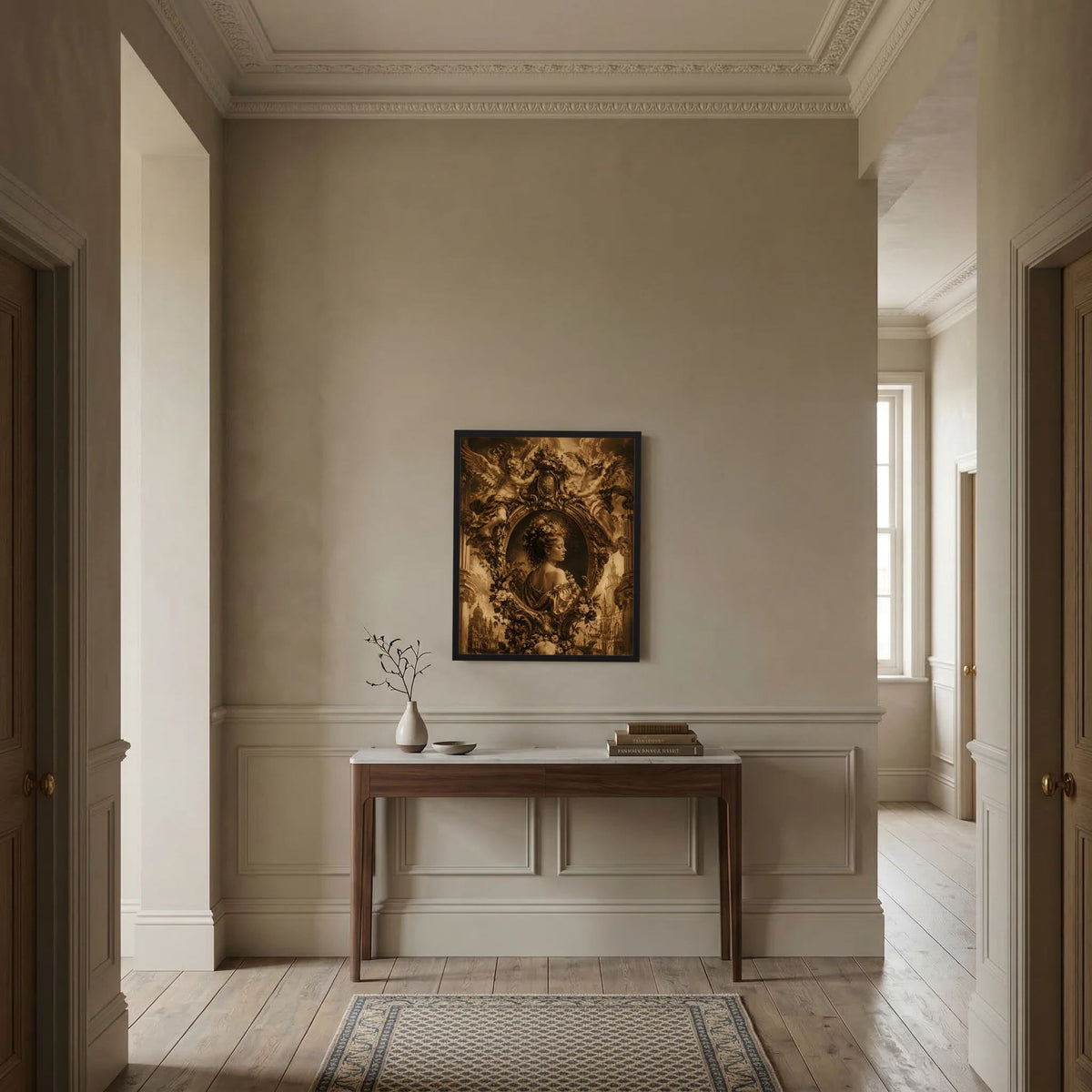 Gerahmtes Barockposter an Wand im Flur: Frau im Oval mit Engeln