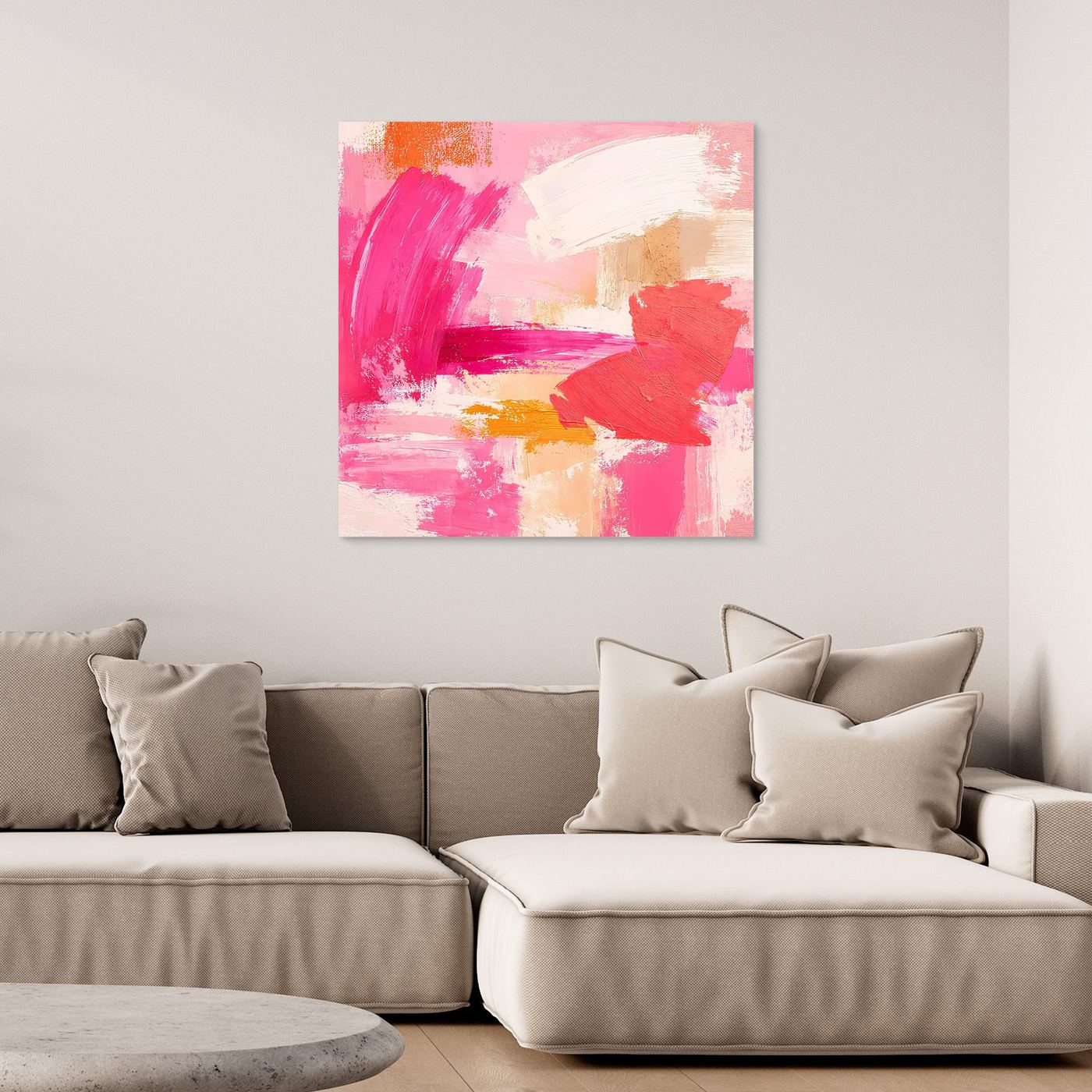 Leinwand-Abstraktbild mit rosa und pastellfarbenen Farbstrichen