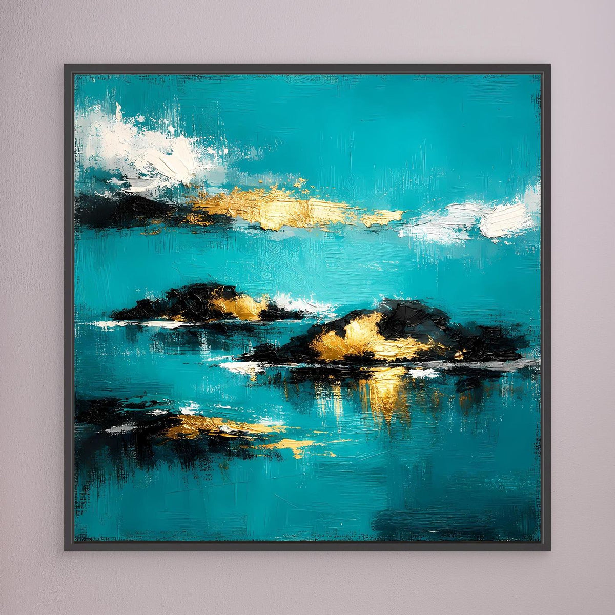 Quadratisches abstraktes Wandbild im schwarzen Rahmen mit türkisblauem Meer, goldenen Inseln und Wolkenflecken.