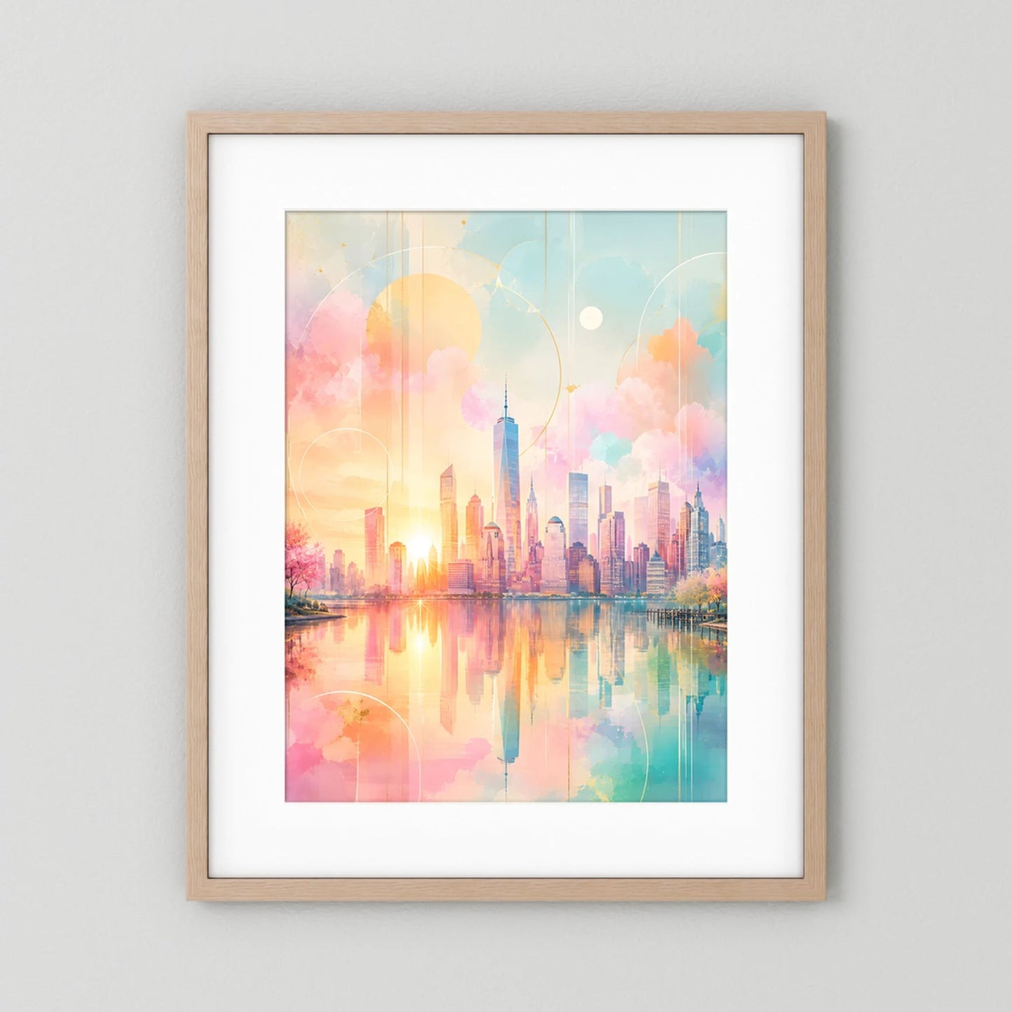 Hochformatiges Kunstposter im hellen Holzrahmen mit weißem Passepartout, Pastell-Skyline