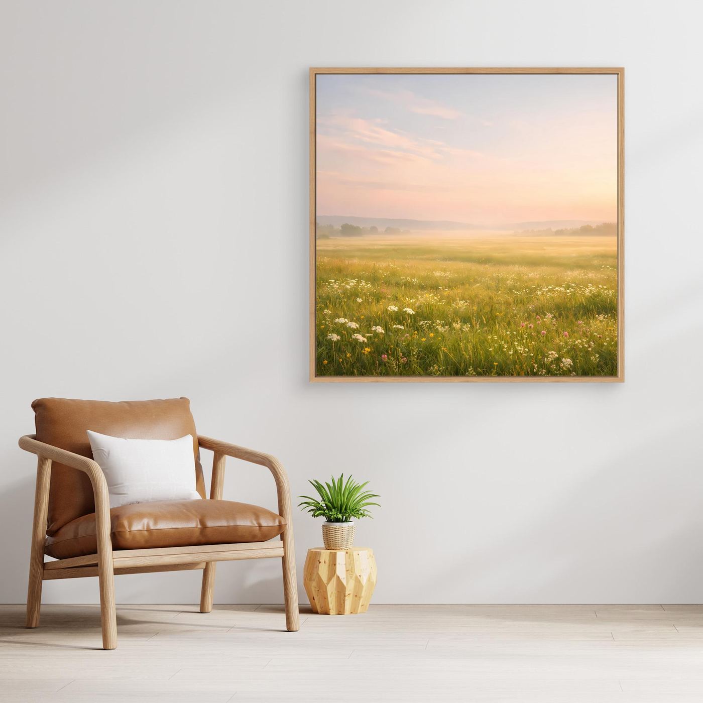 Leinwandbild Blumenwiese im Nebel mit hellem Holzrahmen