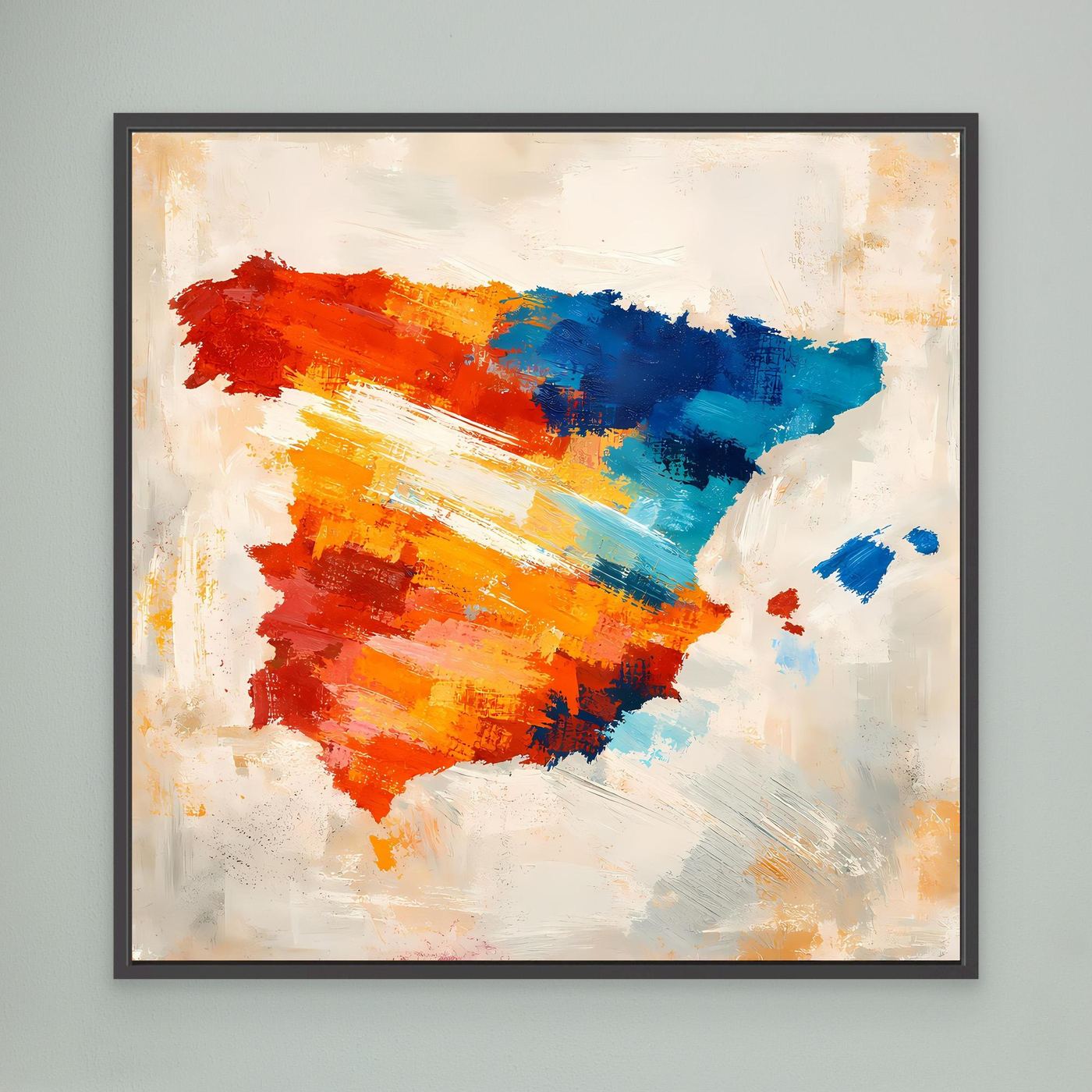Abstract Spain map wall art with red and blue brush strokes on cream canvas, black frame