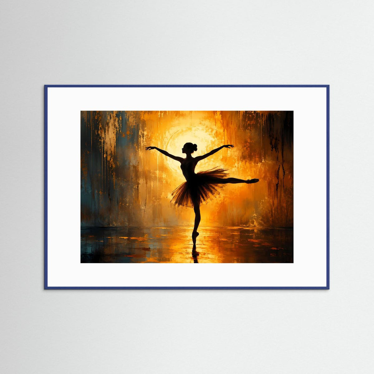 Wandbild mit abstrakter Ballerina-Silhouette in Gold, mit blauem Rahmen