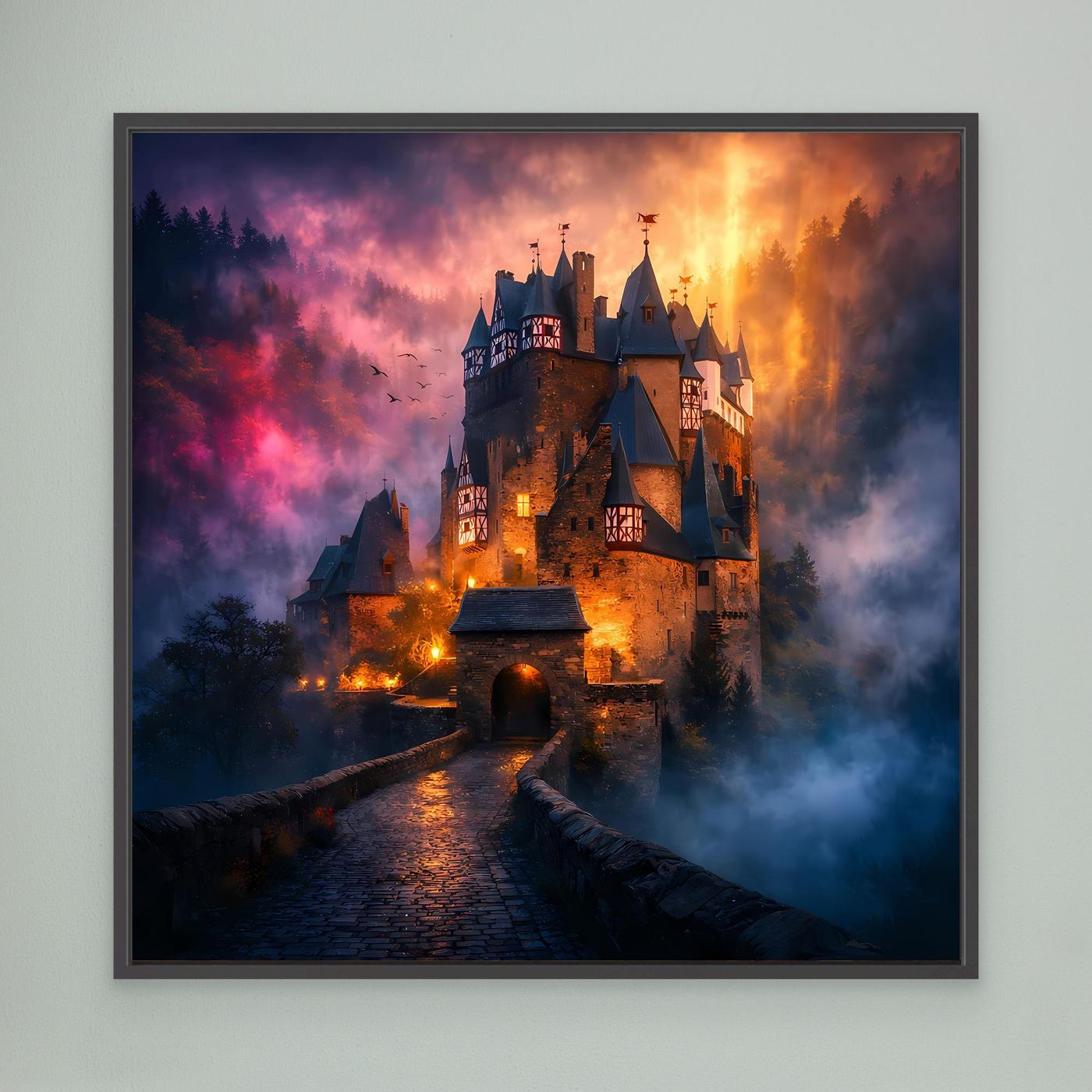 Leinwand Mystische Ritterburg im Nebel | Abstraktes Märchenschloss Wandbild