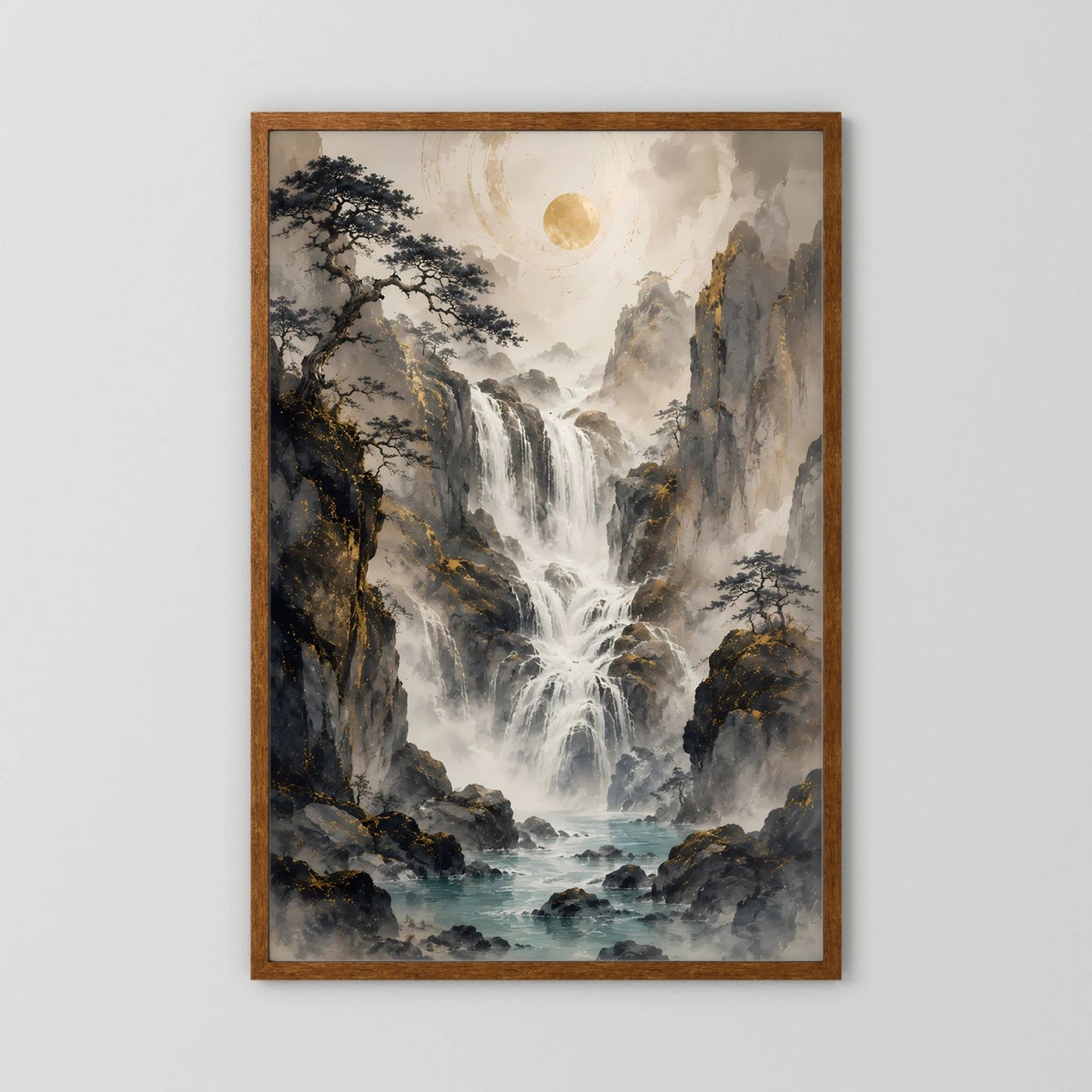 Poster im Hochformat mit Wasserfallmotiv, brauner Holzrahmen, gelbe Sonne