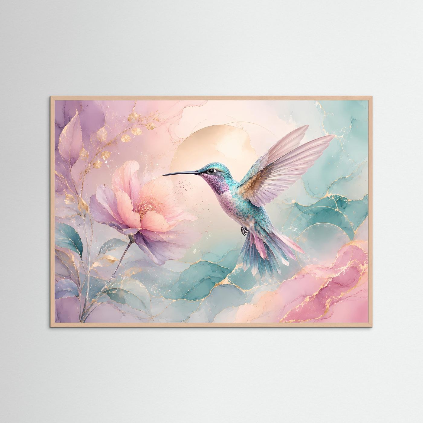 Kolibri Wandbild Pastell | Blüten Poster Rosa Türkis | Elegante Botanische Wandkunst | Moderne Leinwand mit Goldakzenten | Fine Art