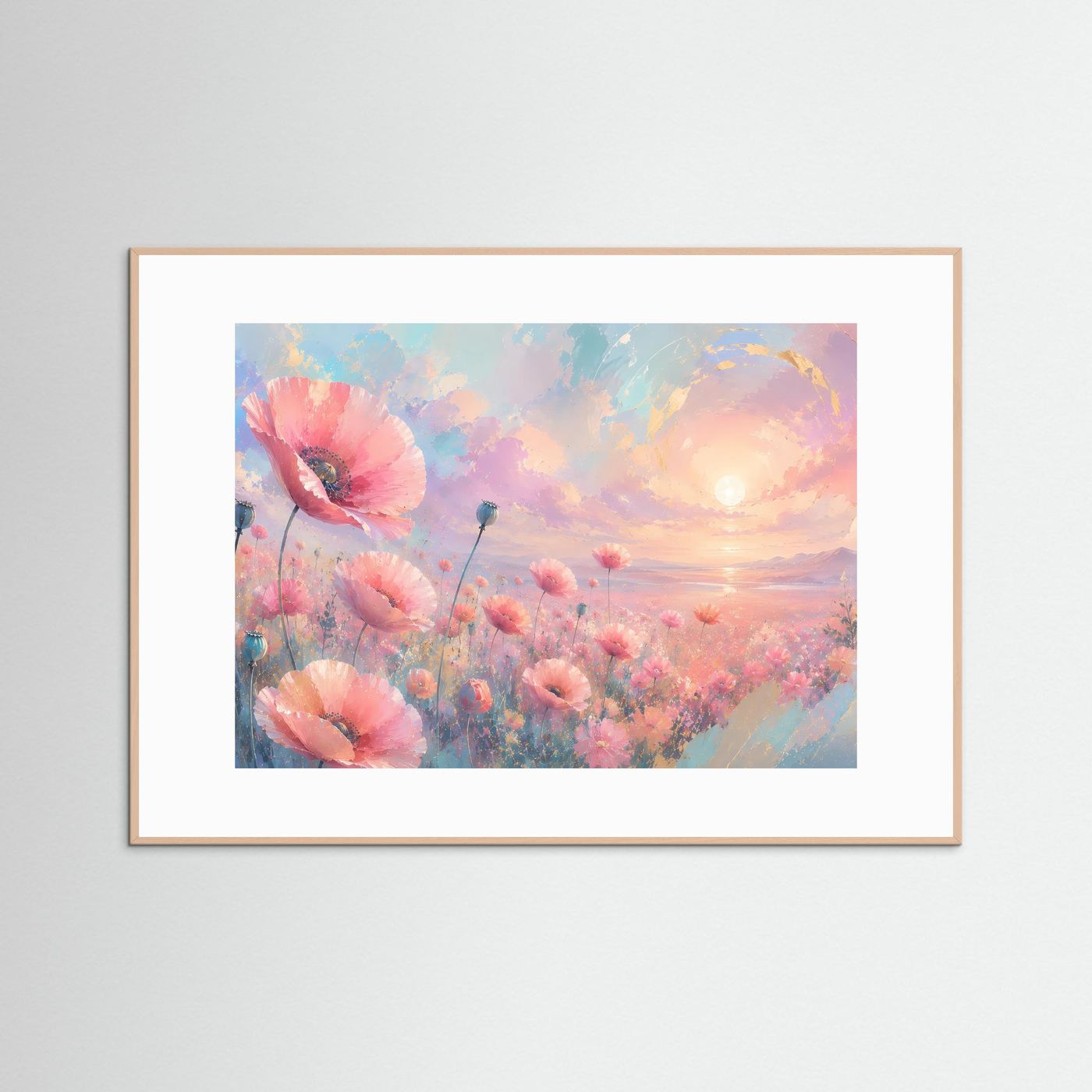 Mohnblumen Poster Querformat | Pastell Blumenfeld Wandbild | Romantische Moderne Naturkunst