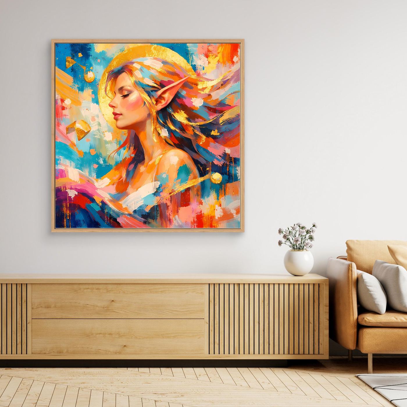 Leinwandbild mit abstrakter Elfe im Profil, bunte Fantasy-Farben, mit goldfarbenem Rahmen