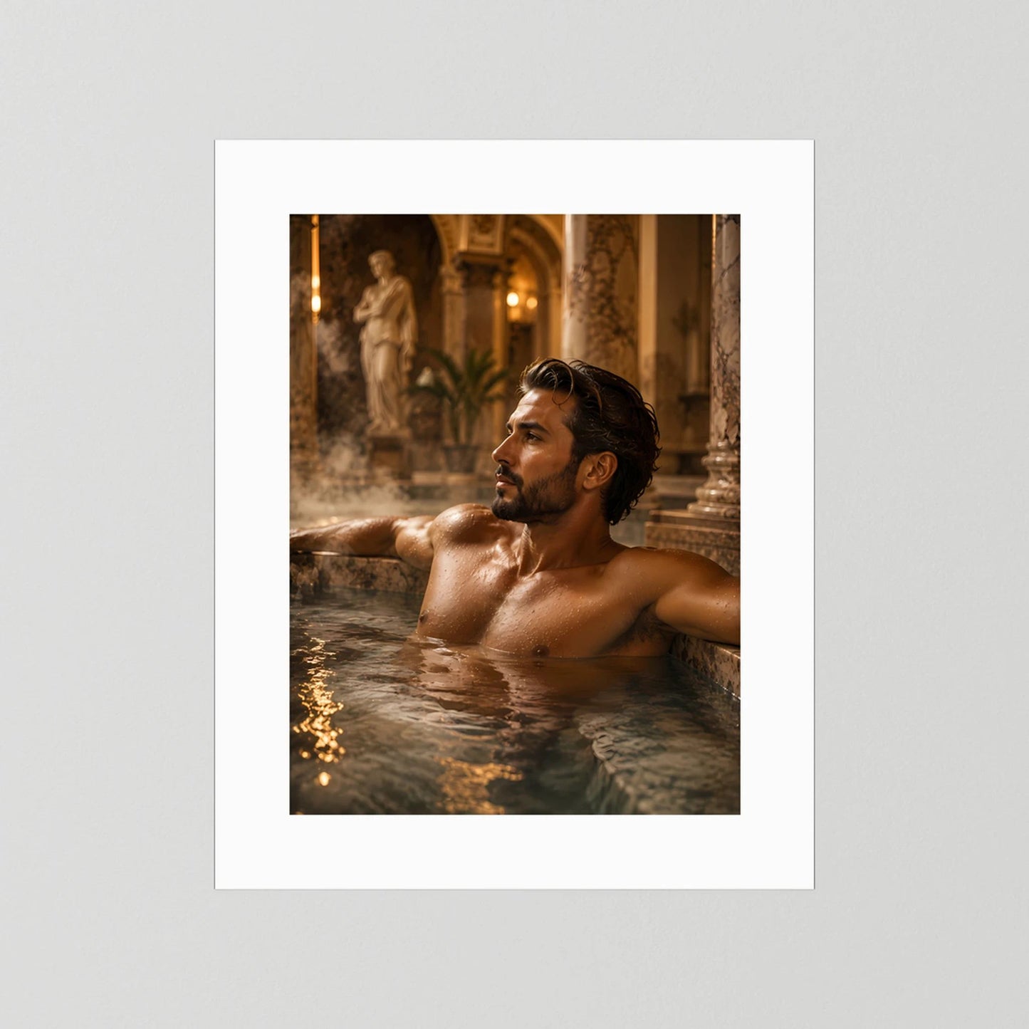 Poster im Hochformat: Mann im Thermalbad, Kopf seitlich im Wasser