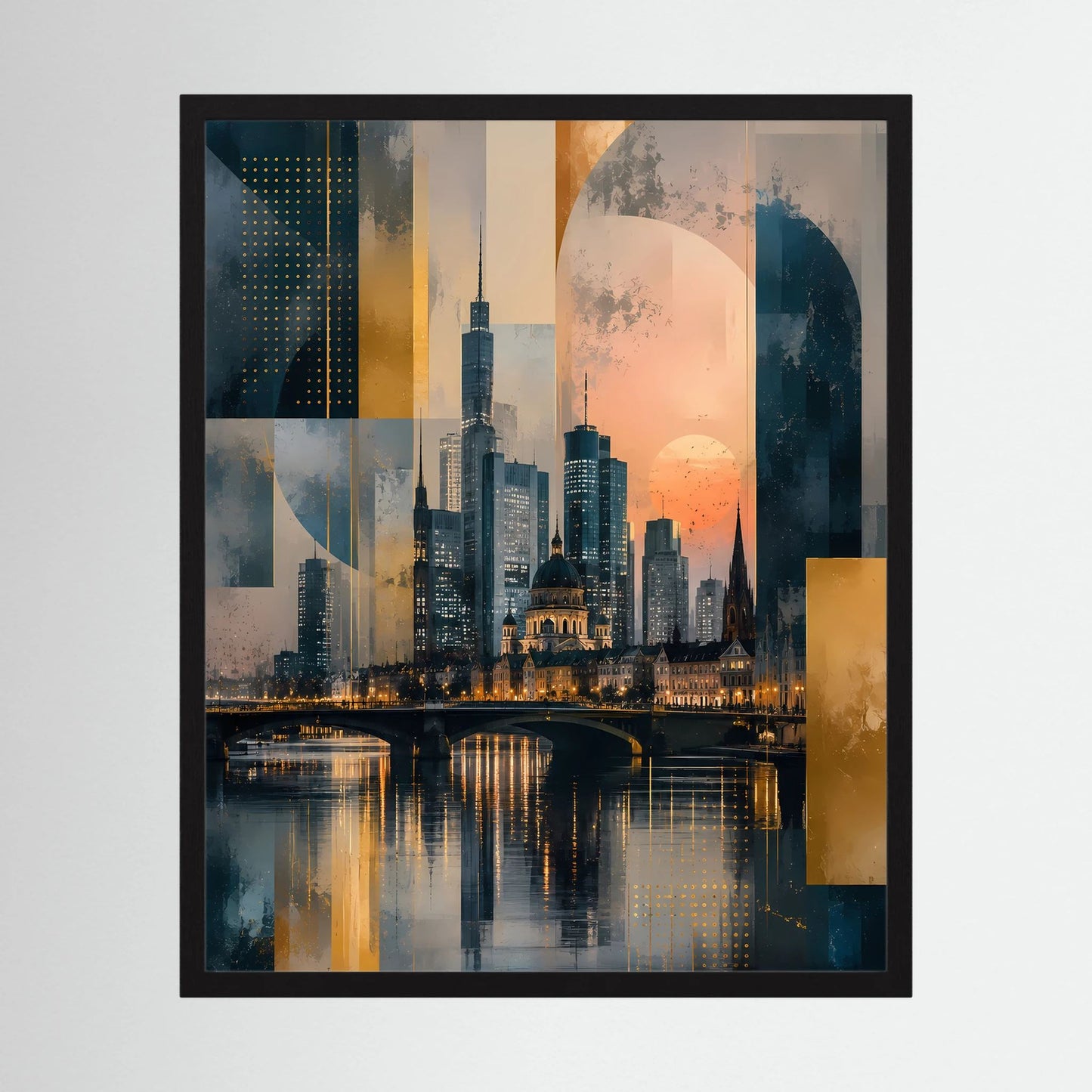 Poster in schwarzem Rahmen mit abstrakter Skyline am Fluss, Gold- und Petrolfarben