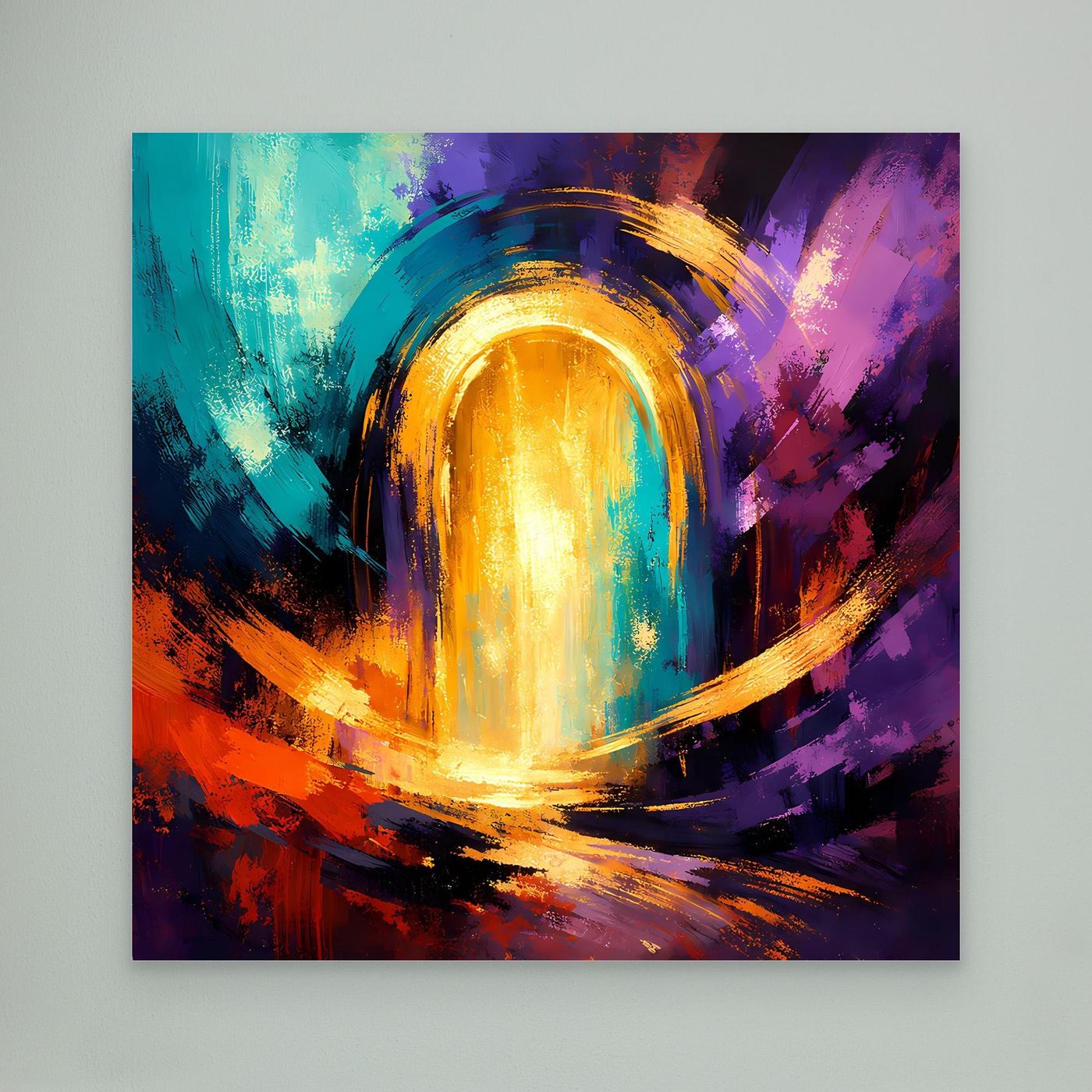 Abstraktes Leinwand-Wandbild mit goldenem Lichttor und dynamischen Pinselstrichen; Blau, Lila, Orange