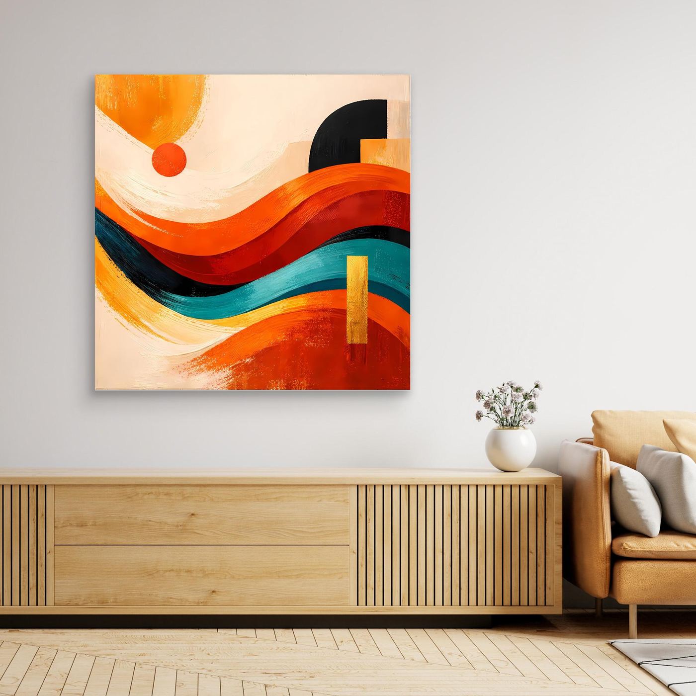 Abstraktes Leinwandbild mit Dünenwellen in Orange und Blau, ohne sichtbaren Rahmen