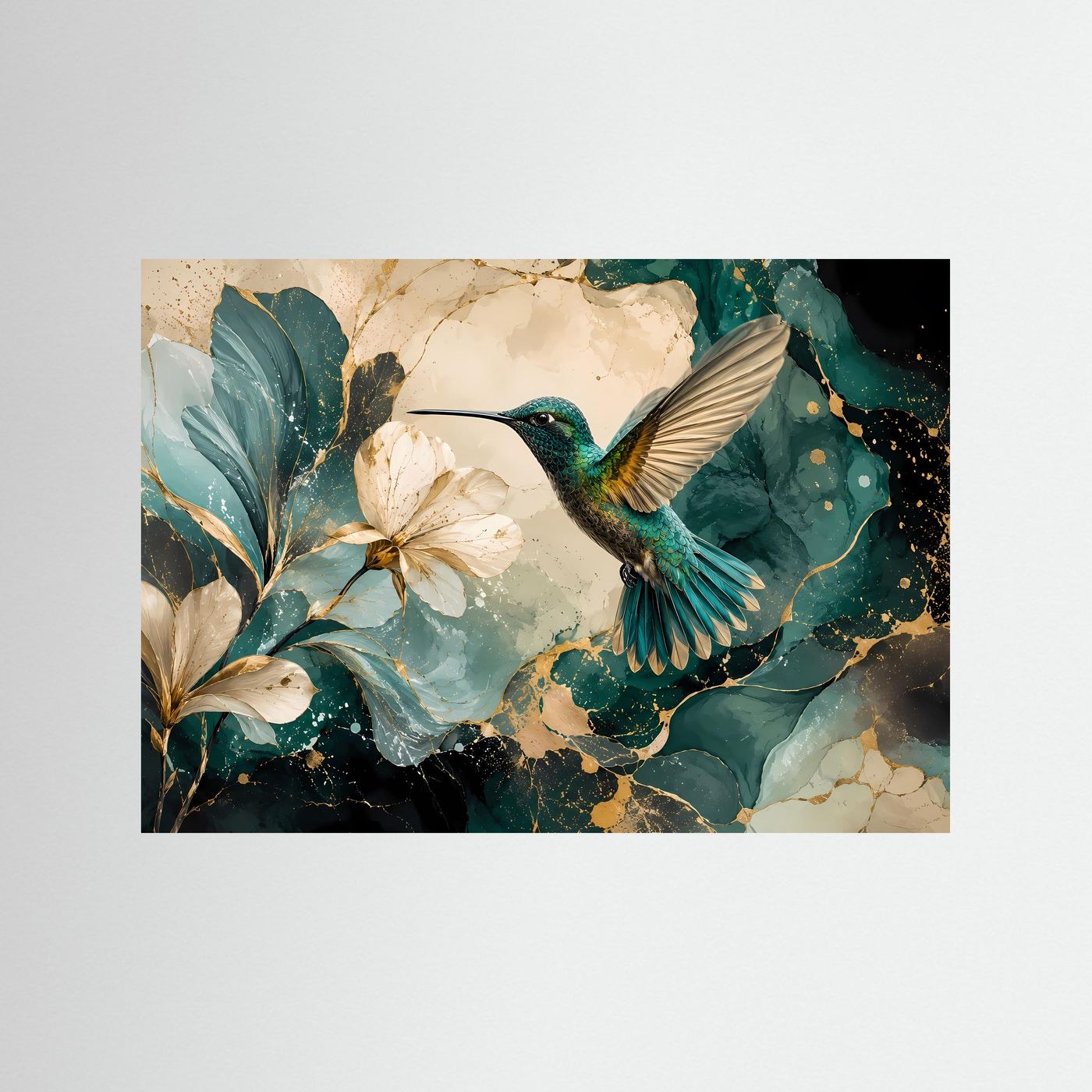 Kolibri mit Magnolienblüten Poster | Elegante Vogelkunst in Türkis Gold Modernes Blumen Wandbild Querformat