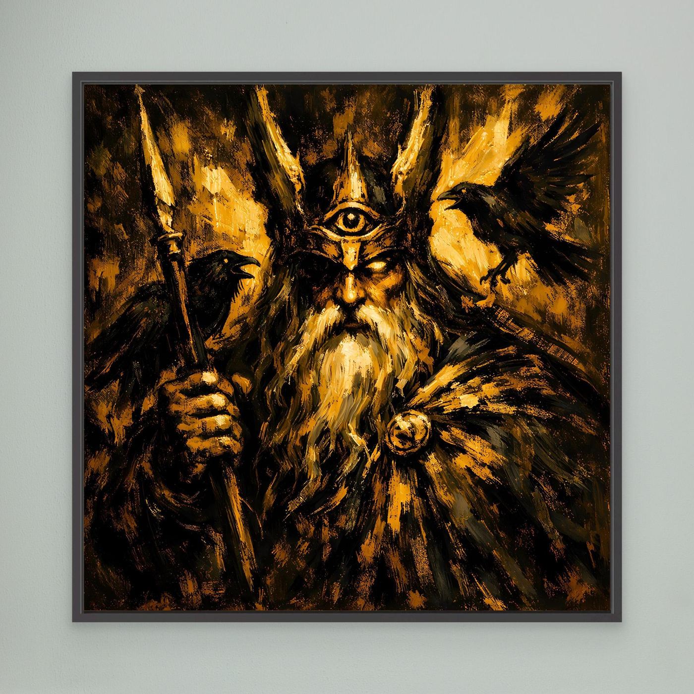 Leinwand Mythischer Allvater Odin in Goldoptik | Abstraktes Wikinger Götter Wandbild