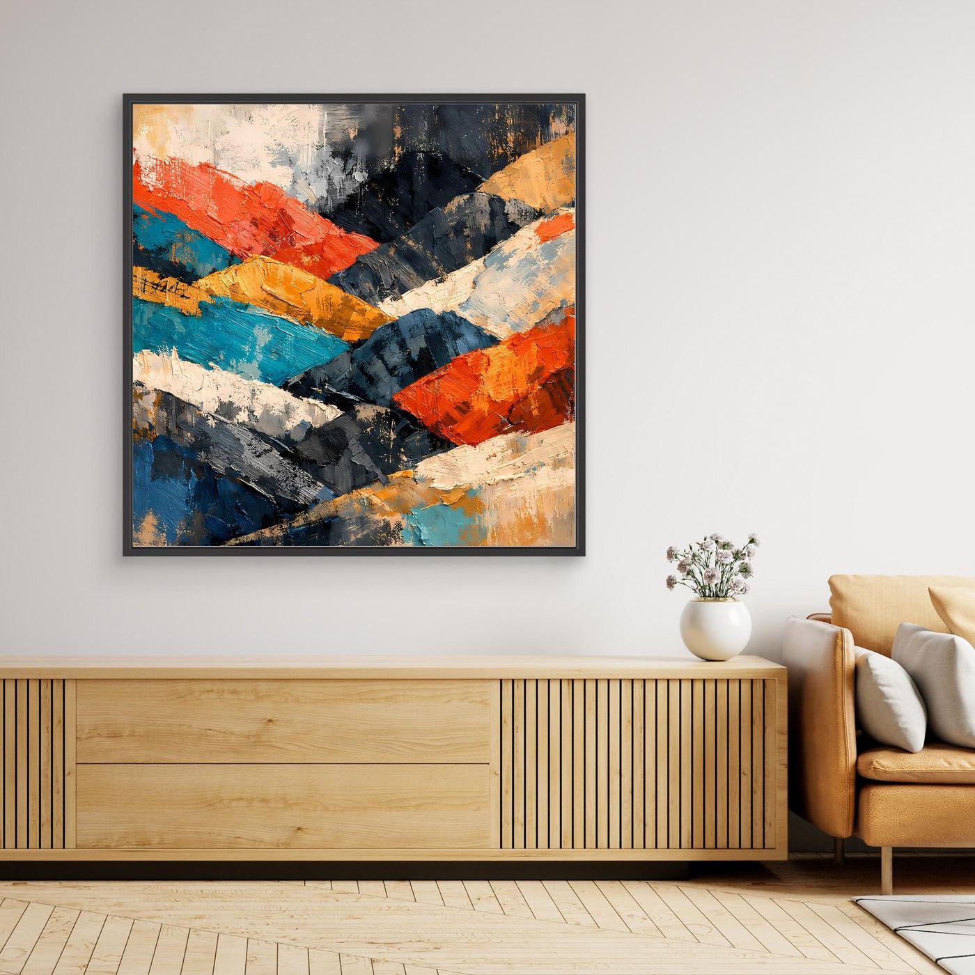 Leinwand-Wandbild mit abstrakter Berglandschaft, bunte Flächen, dunkler Rahmen