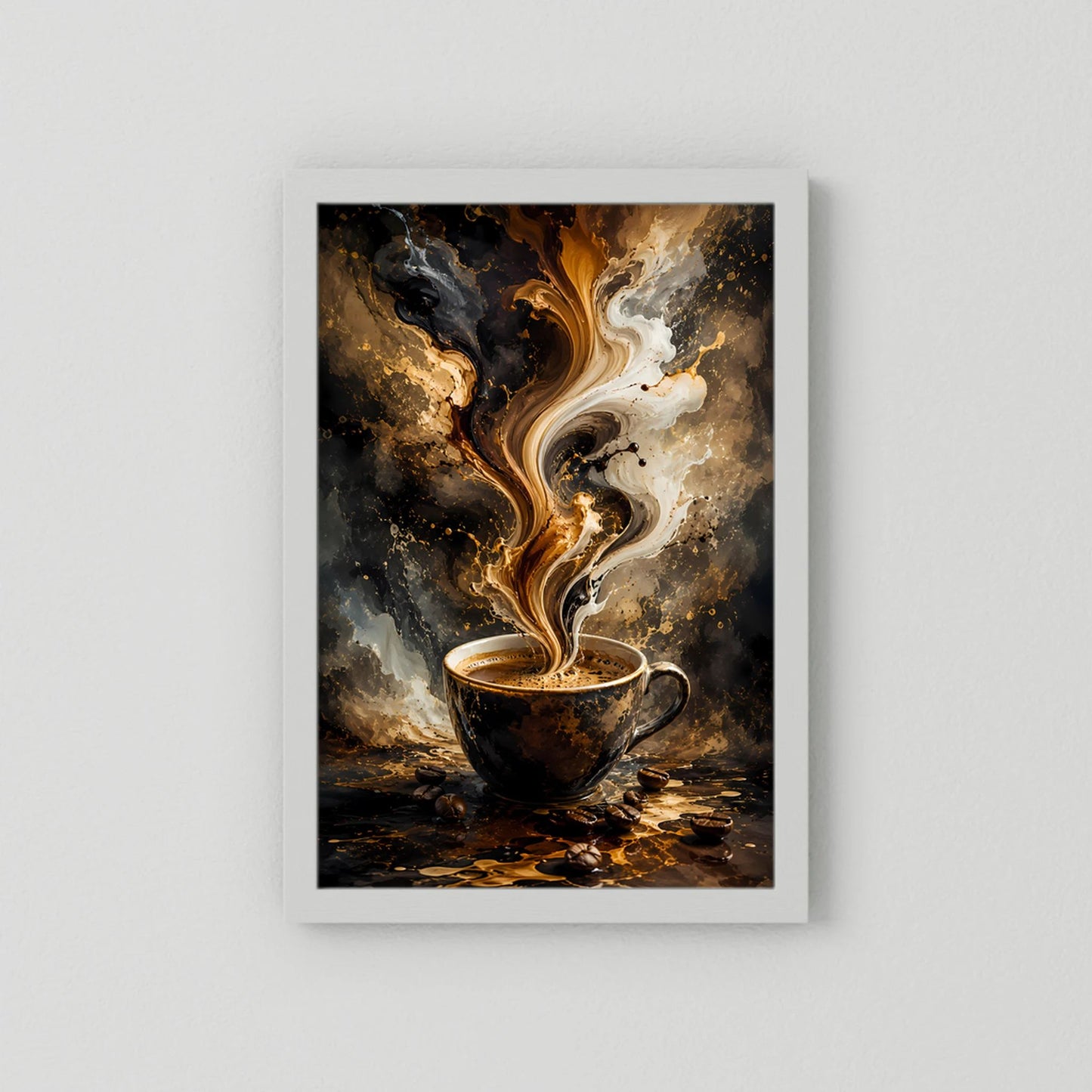 Abstraktes Kaffee-Poster mit Tasse und Gold-Farbwirbel, weiß umrandet