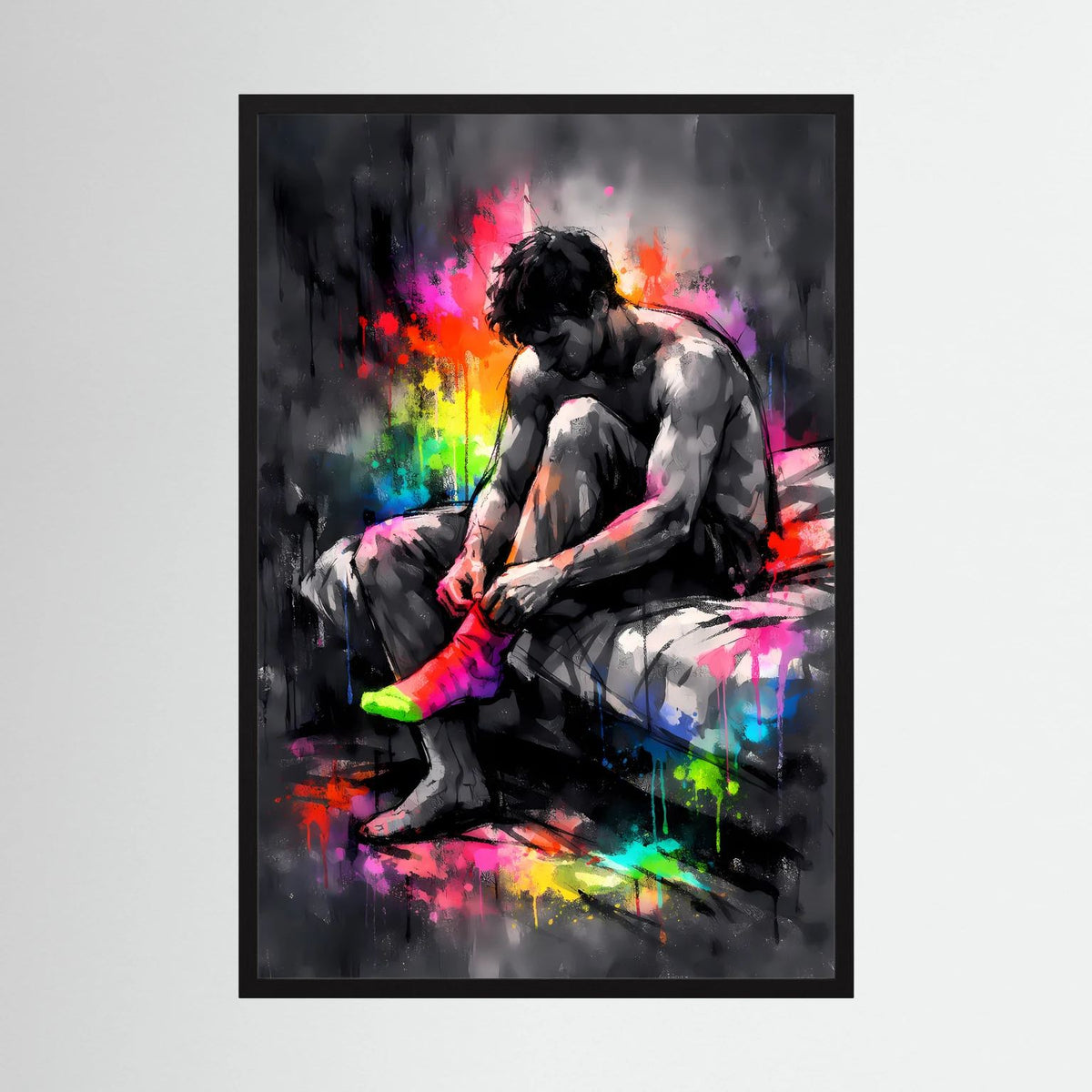 Wandbild im Hochformat: Mann zieht Socken an, abstrakte Neon-Farbexplosion, schwarze Umrahmung.