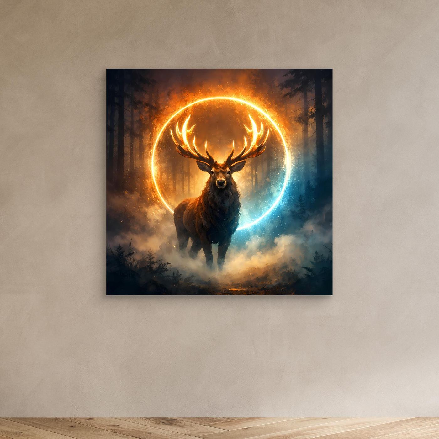 Leinwandbild: Hirsch im orange-blau leuchtenden Kreis, ohne Rahmen, Wald und Nebel