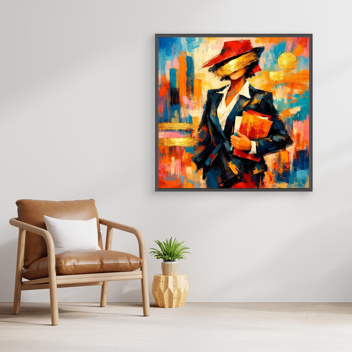 Gerahmtes Leinwandbild mit Frau im Anzug, kräftige Pop-Art-Optik