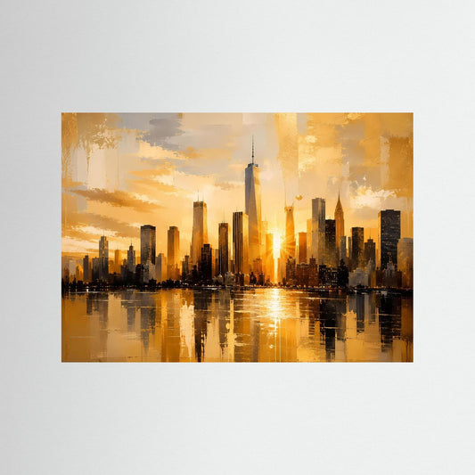 Querformatiges Poster mit goldfarbenem Stadtpanorama und Sonnenaufgang über dem Wasser