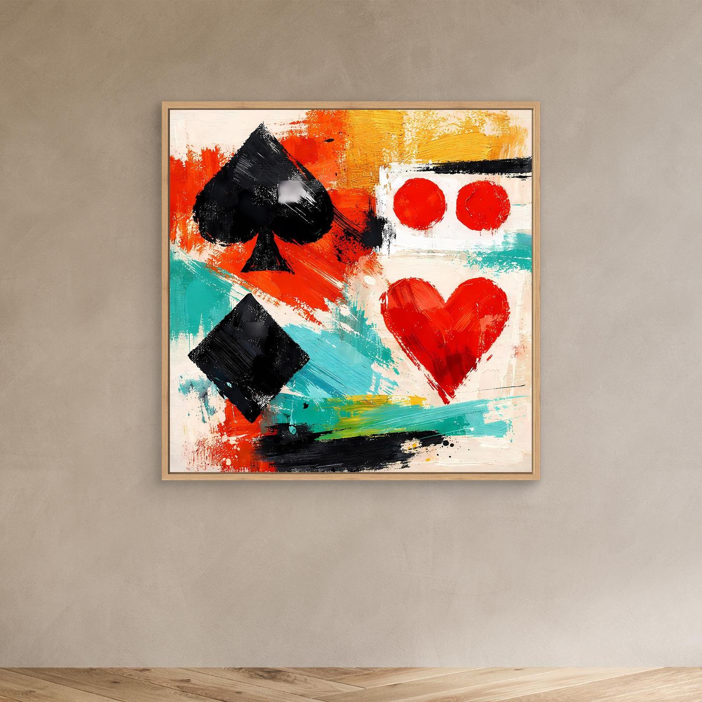 Square abstract canvas in oak wood frame with black spade, black diamond, red dots and heart