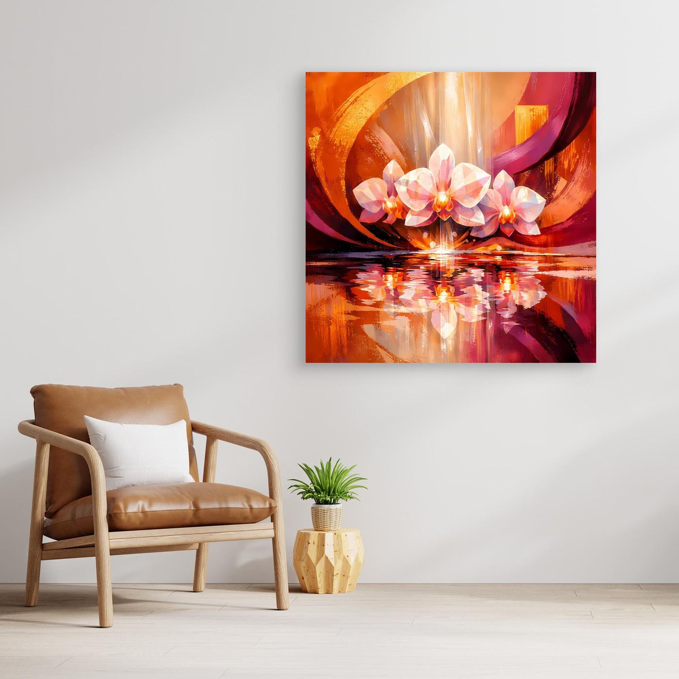 Quadratisches Leinwandbild mit Orchideenblüten im Lichthalo, Orange- und Pinkverlauf mit Reflexion