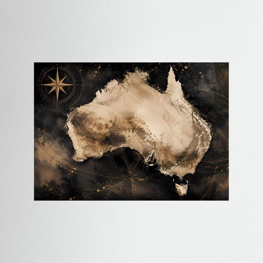 Australien-Wandkunst Poster mit Kontinent-Silhouette in Beige auf dunklem Grund, Gold-Akzente