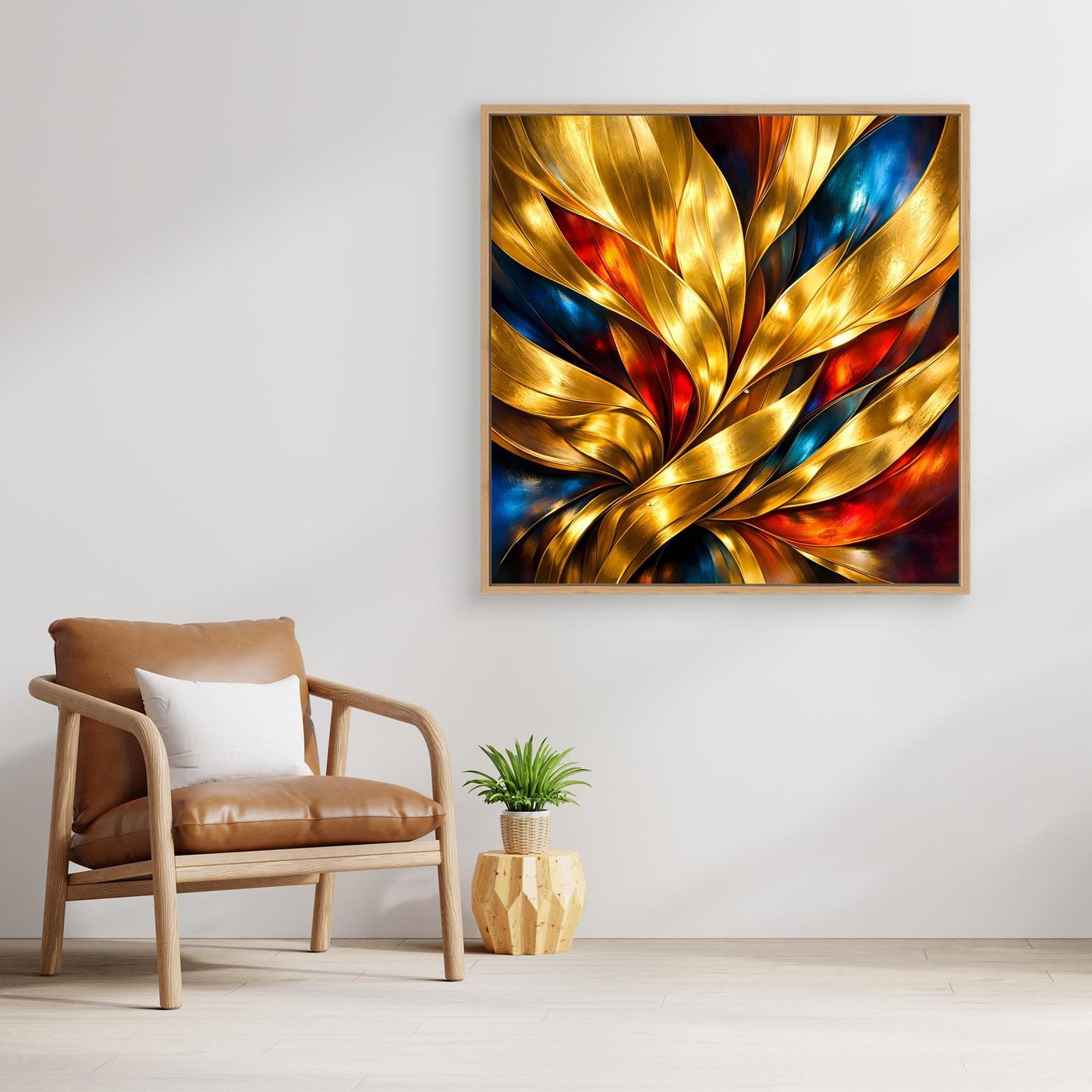 Leinwandbild Goldene Wellen mit abstraktem Blattwirbel in Gold, Blau und Rot im Holzrahmen