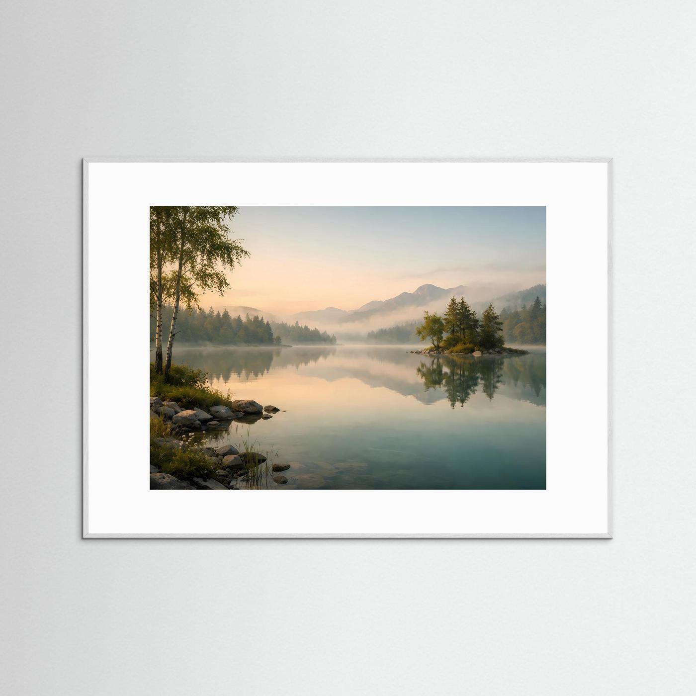 Nebliger Morgen am Bergsee | Idylle & Natur Poster Querformat