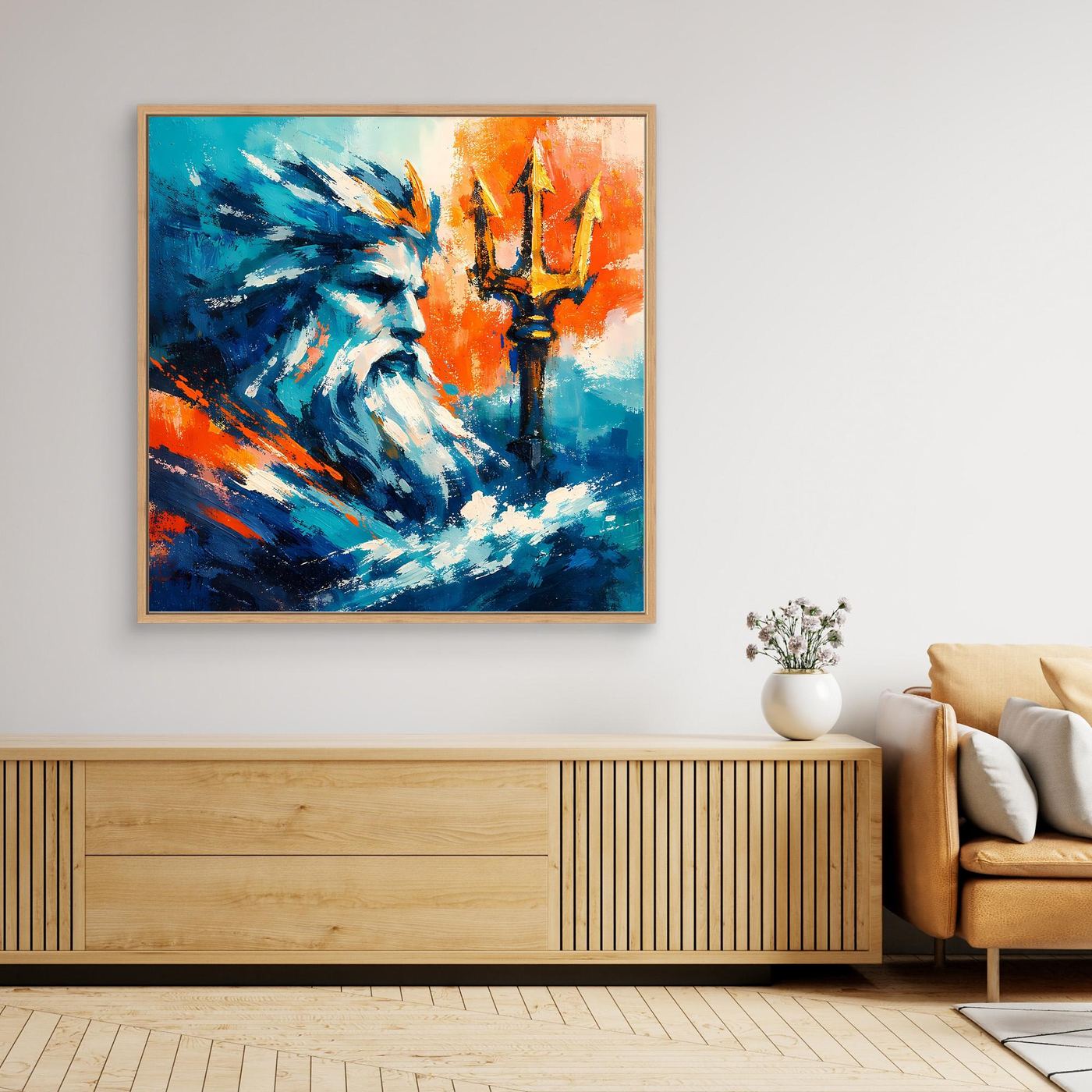 Wall art with oak frame, blue waves, teal figure, orange candles