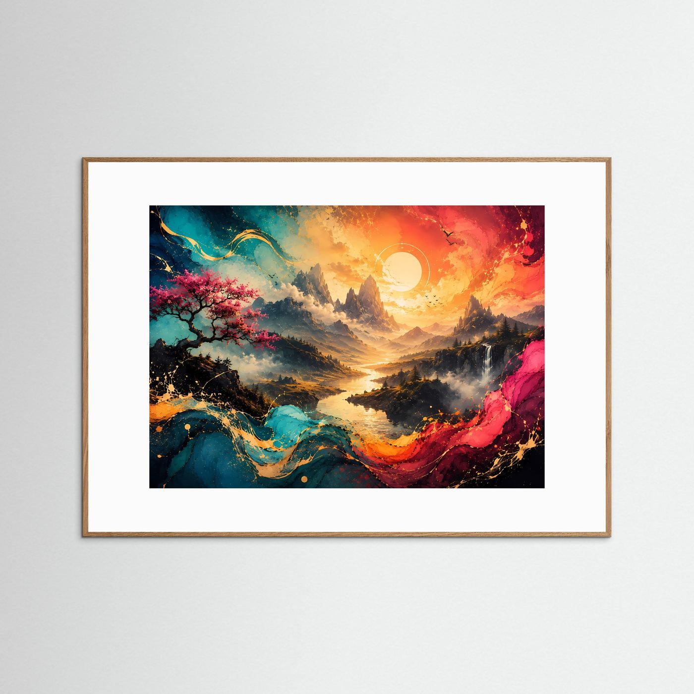 Abstrakte Landschaft Poster | Bunte Berglandschaft mit Fluss | Moderne Wandkunst | Fantasy Natur | Farbenfrohe Leinwand | Panorama Kunst