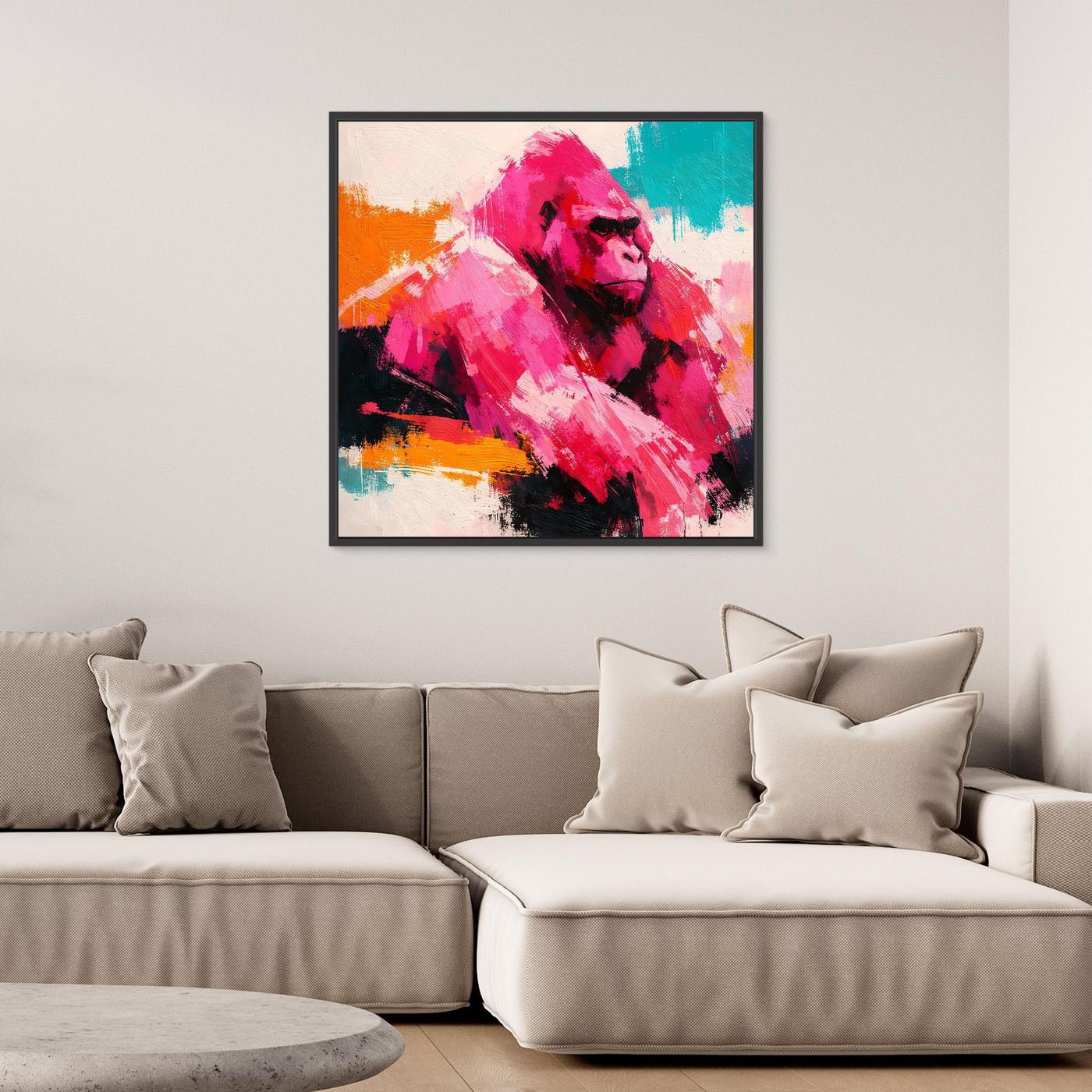 Leinwandbild mit abstraktem Gorilla in Pink-, Türkis- und Orangetönen mit schwarzem Rahmen