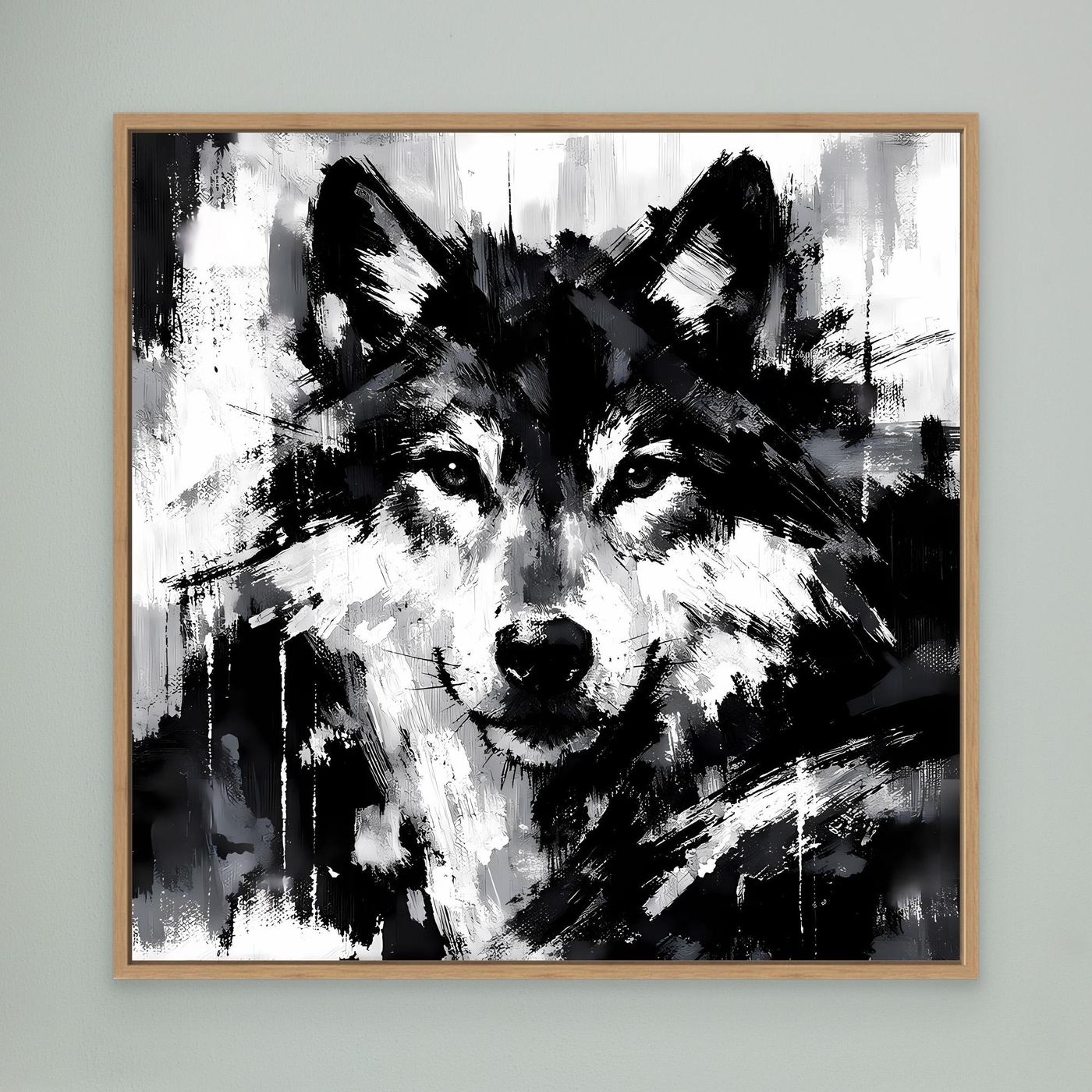 Leinwand-Wandbild mit abstraktem Wolfsgesicht in Schwarzweiß, Eichenholzrahmen