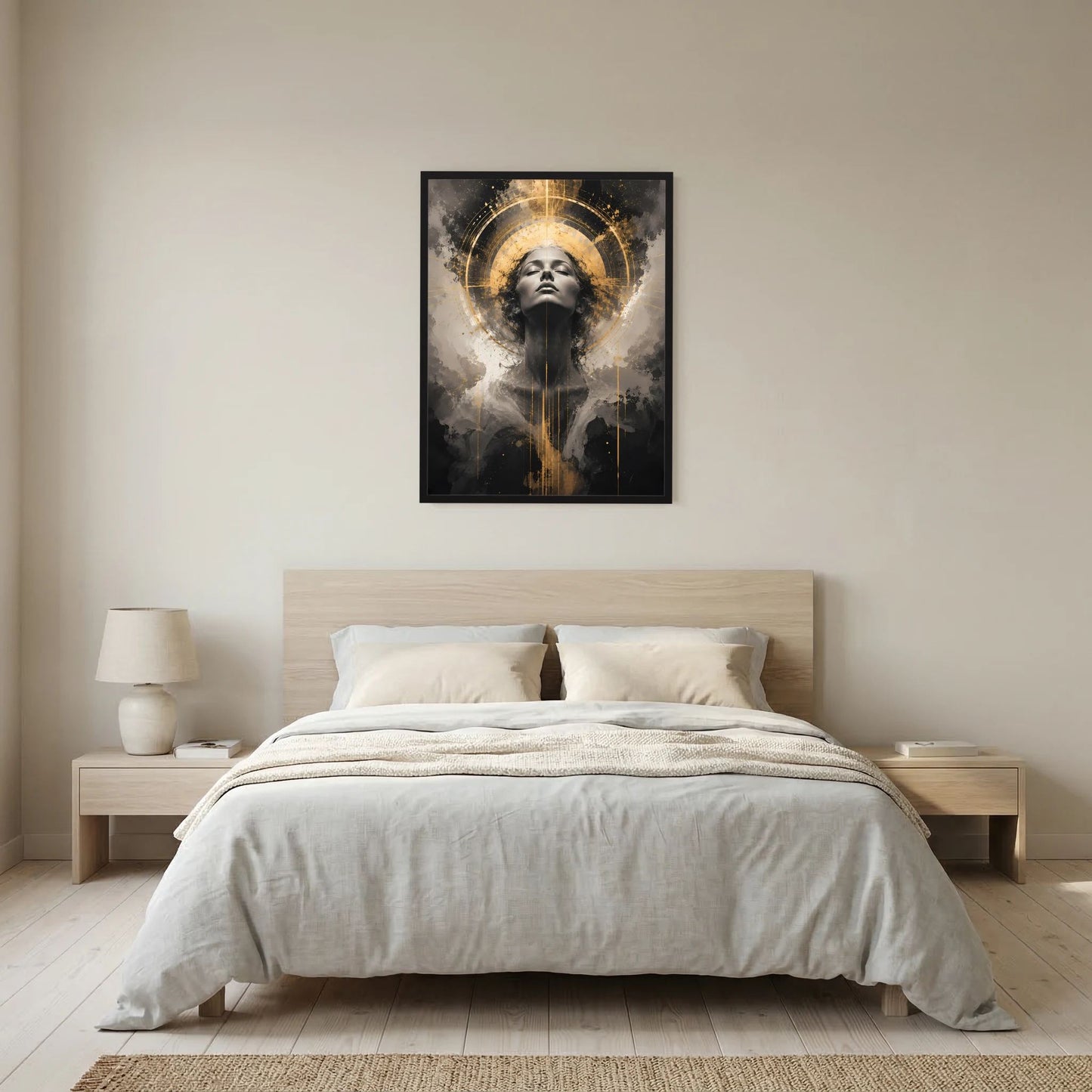 Hochformatiges Poster mit abstraktem Frauenporträt in Schwarz und Gold, goldenem Kreis, schwarz gerahmt