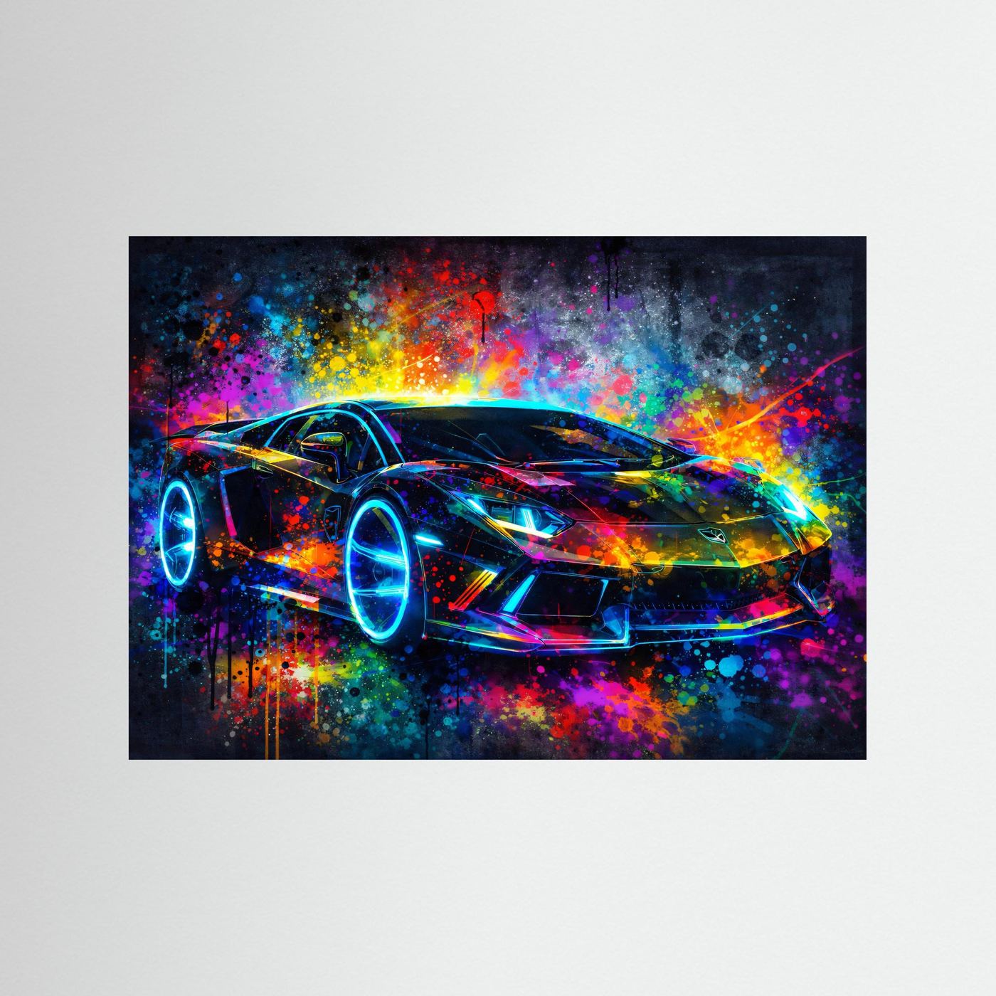 Abstraktes Poster mit Sportwagen in Neonfarben, farbige Spritzer und Lichtlinien