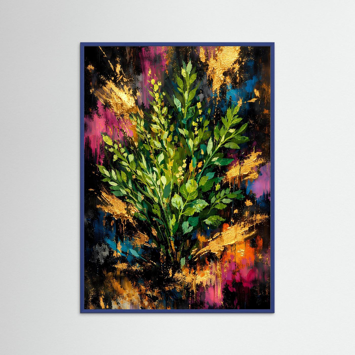 Poster im Hochformat mit abstrakten Eukalyptusblättern in Grün und Gold, bunte Akzente, blauer Rahmen.