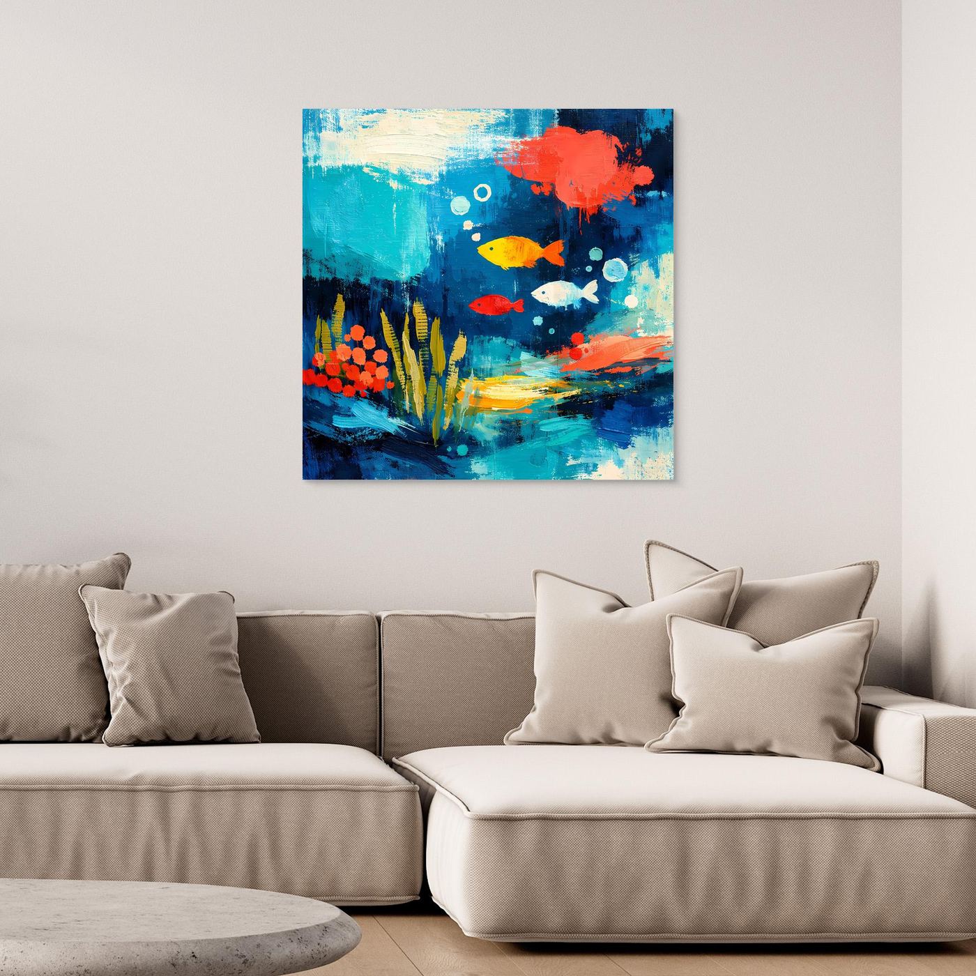 Abstract underwater wall art canvas with colorful fish and coral, unframed