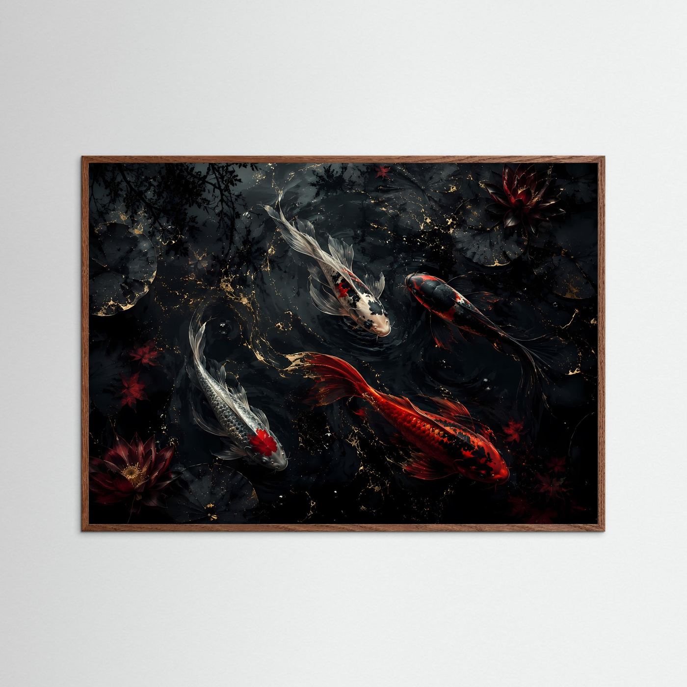 Koi-Karpfen im dunklen Lotus-Teich | Elegantes asiatisches Wandbild in Schwarz, Rot & Gold