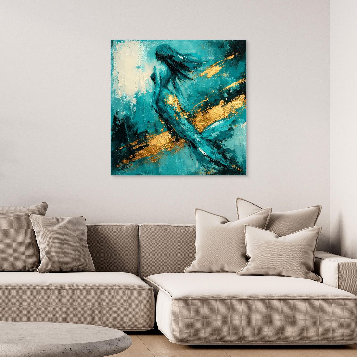 Leinwand Elegante Meerjungfrau in Türkis | Abstraktes Nixen Wandbild Gold Blau