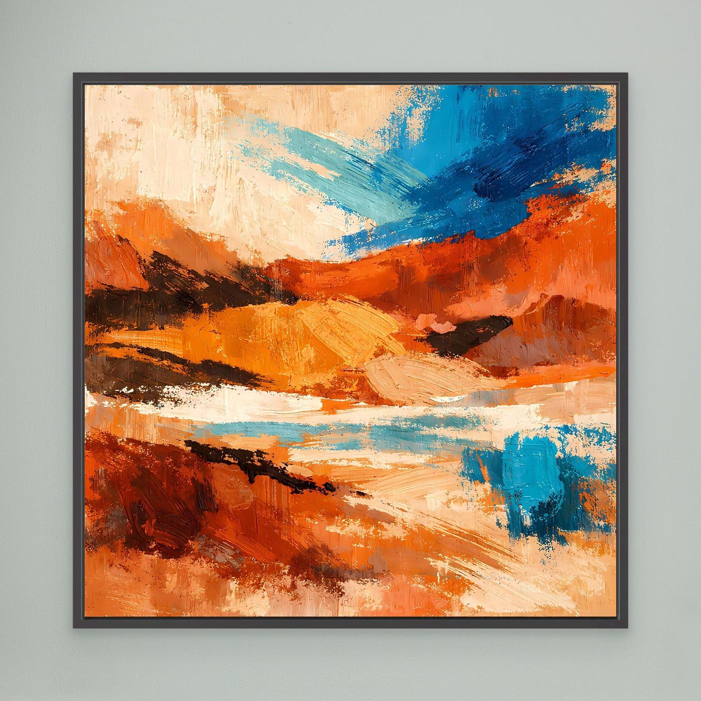 Wandbild mit abstraktem Canyon-Motiv, orange und blau, schwarz gerahmt