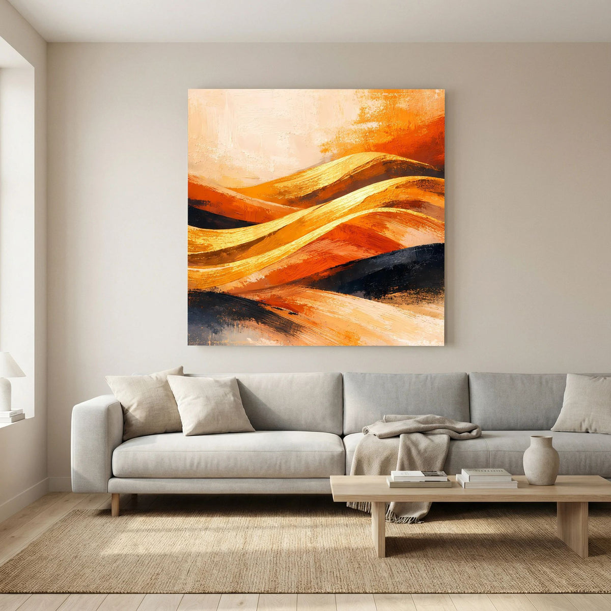 Abstraktes Leinwand-Wandbild mit sandigen, gestreiften Dünen in warmen Gold- und Orangetönen