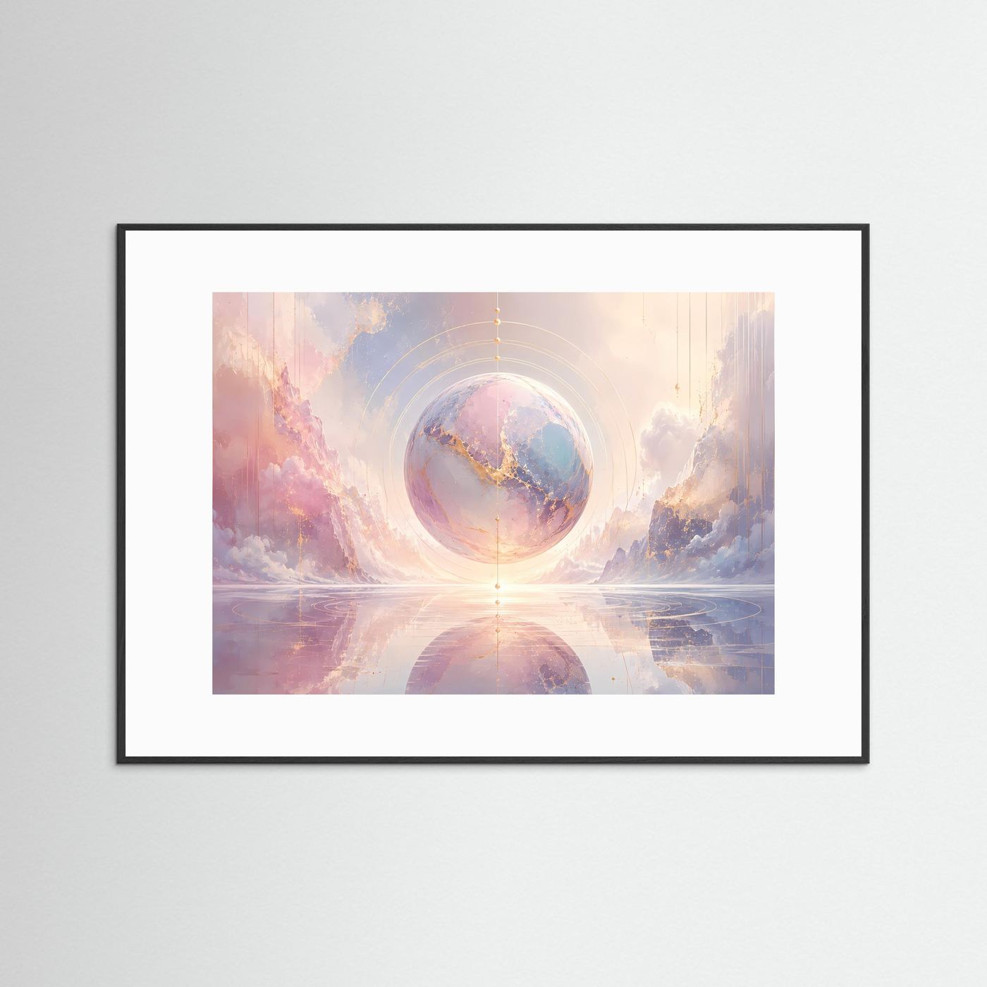 Abstrakte Sphäre Poster | Pastell Kosmos Wandbild mit Goldakzenten | Moderne Surreale Himmelskunst Querformat
