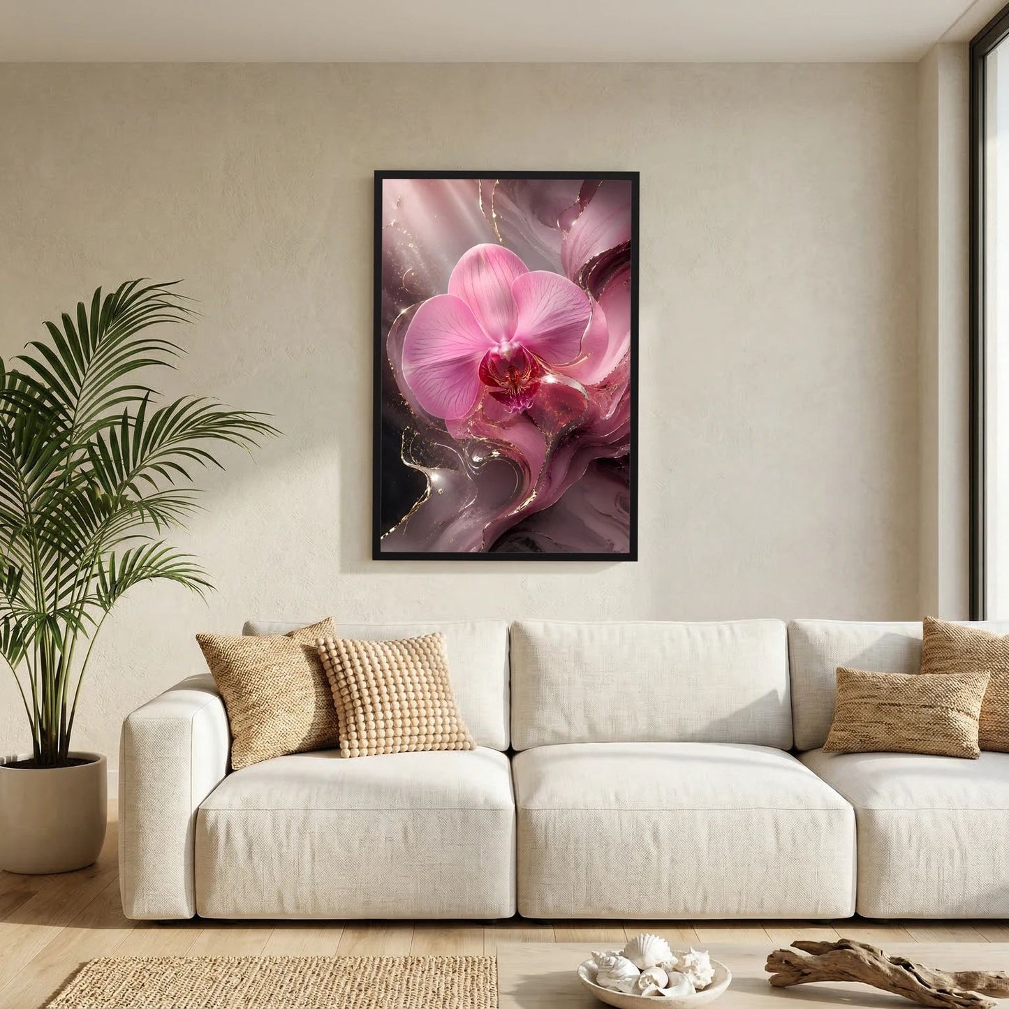 Orchideenposter (Hochformat) mit rosa Orchideenblüte und goldenen Akzenten im schwarzen Rahmen