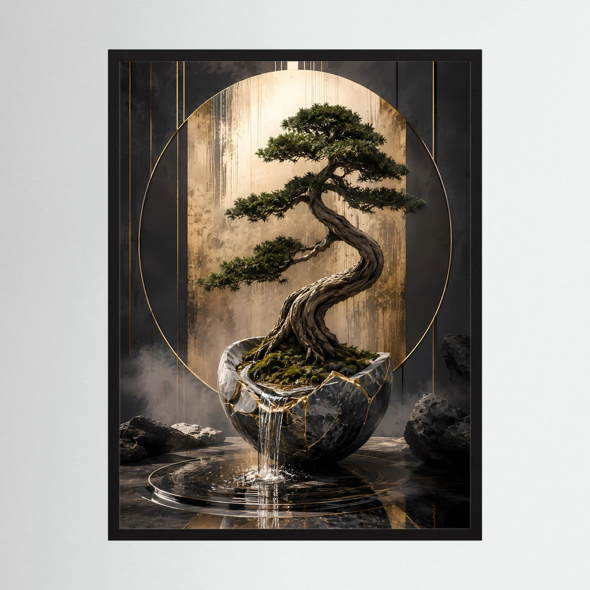 Gerahmtes Poster mit japanischem Bonsai im schwarzen Topf und goldenem Kreis