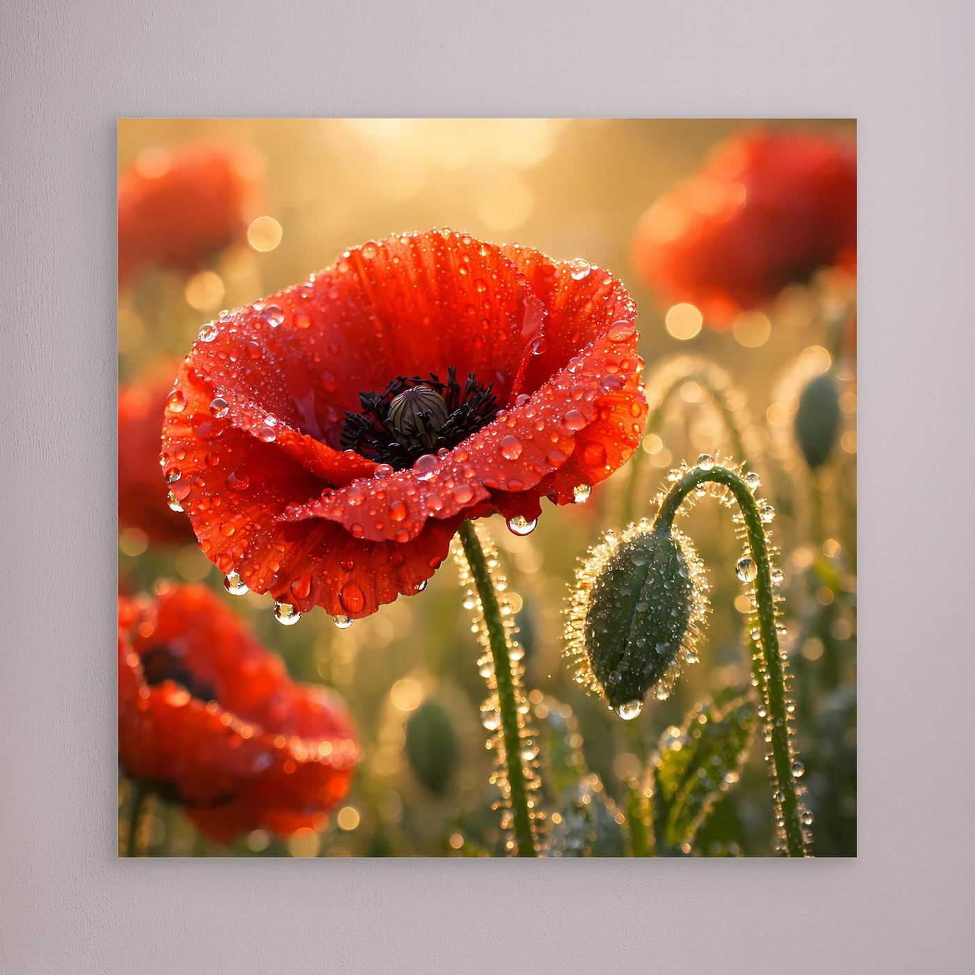 Gerahmtes Leinwandbild mit rotem Klatschmohn und Wassertropfen auf Blütenblättern, ohne Rahmenfarbe