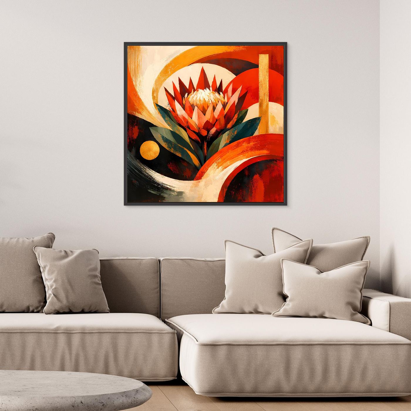 Gerahmtes Leinwandbild mit Protea-Motiv in Rot, Orange, Gold und dunklen Flächen