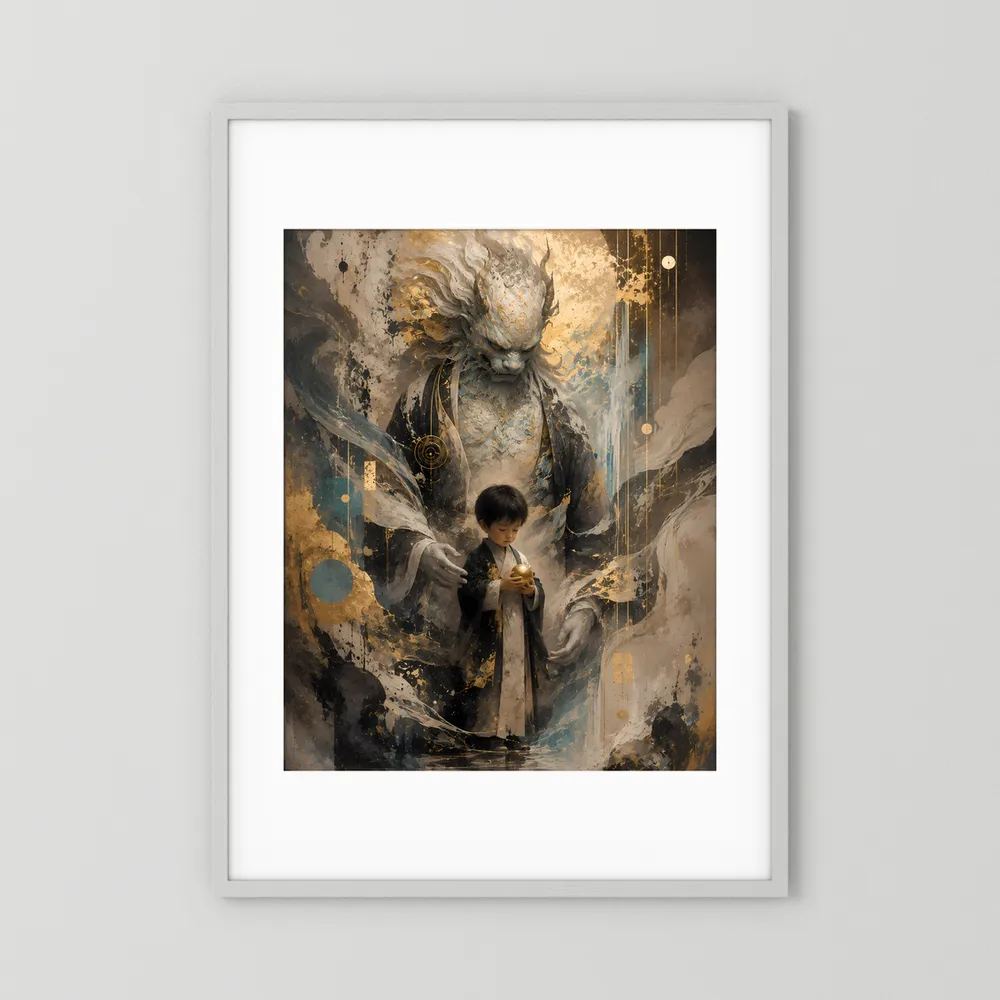 Hochformat-Poster mit mystischem Wächter und Kind, Gold- und Schwarzfarben, weißer Rahmen