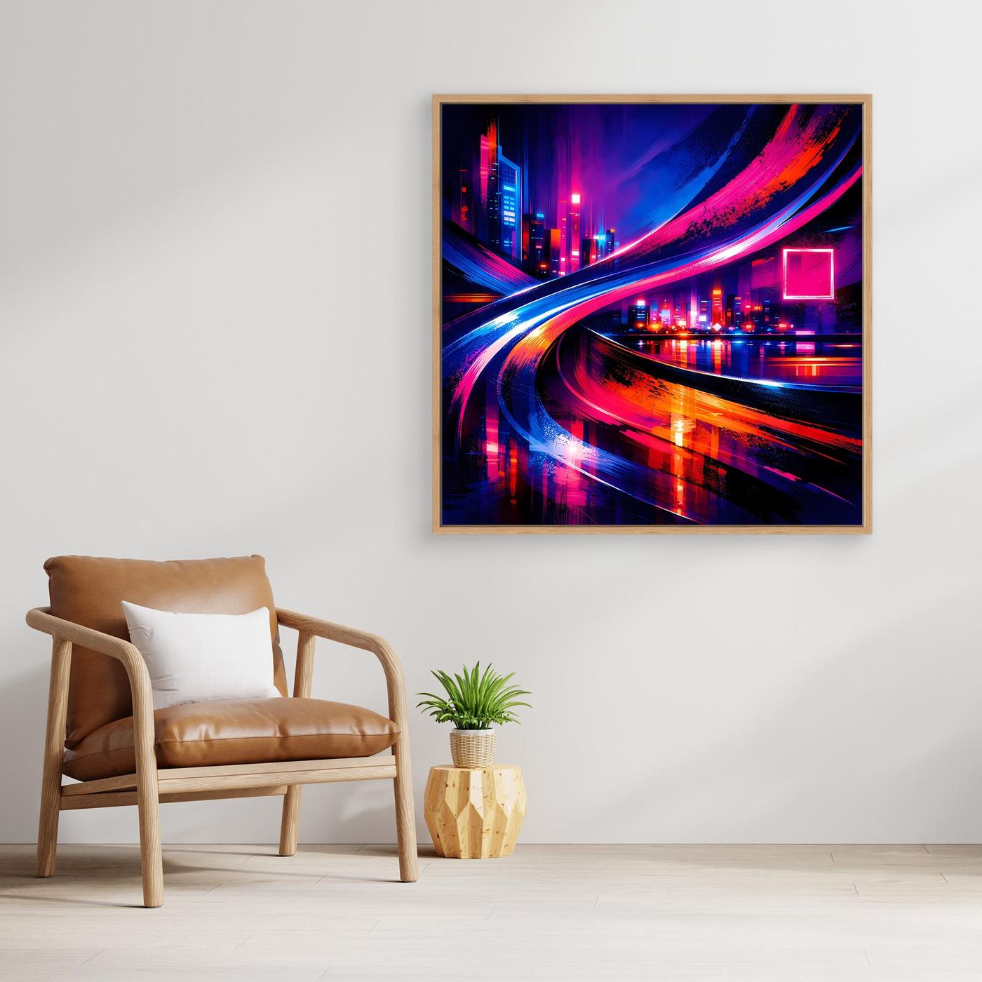 Neon-Skyline mit bunten Lichtbahnen, rechteckiges Leinwandbild, goldener Holzrahmen
